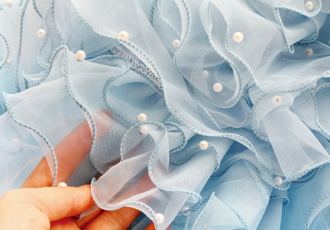 Handmade Sky Butterfly Princess Dog Dress – Luxury Blue Ruffle Ball Gown with Pearl Details