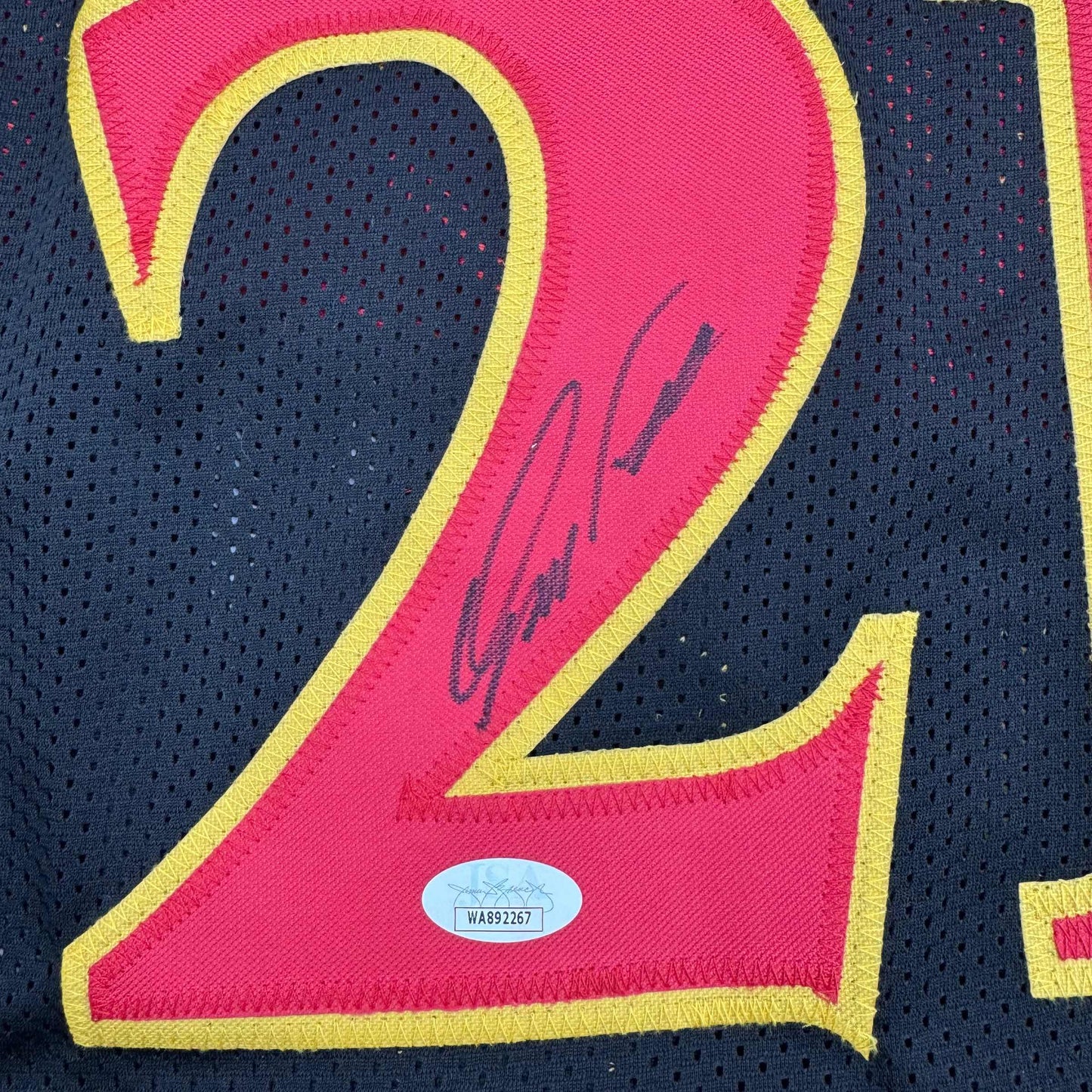 Framed Autographed/Signed Dominique Wilkins 35x39 Atlanta Black Basketball Jersey JSA COA