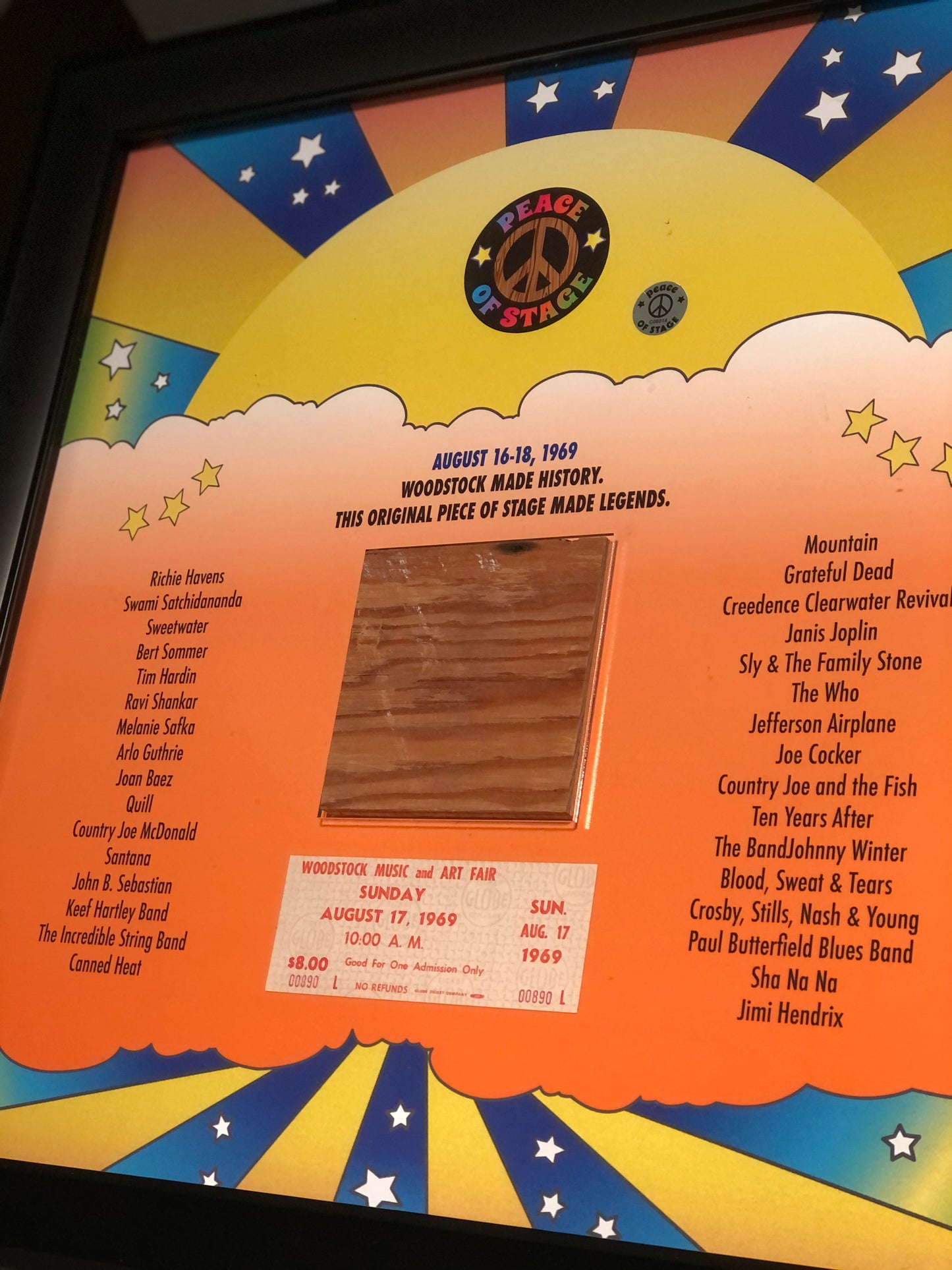 Stage Made Legends Frame With Piece of 1969 Woodstock Stage and Original Ticket