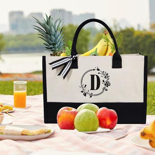 Personalized Initial Jute/Canvas Beach Bag, Monogrammed Gift Tote Bag for Women