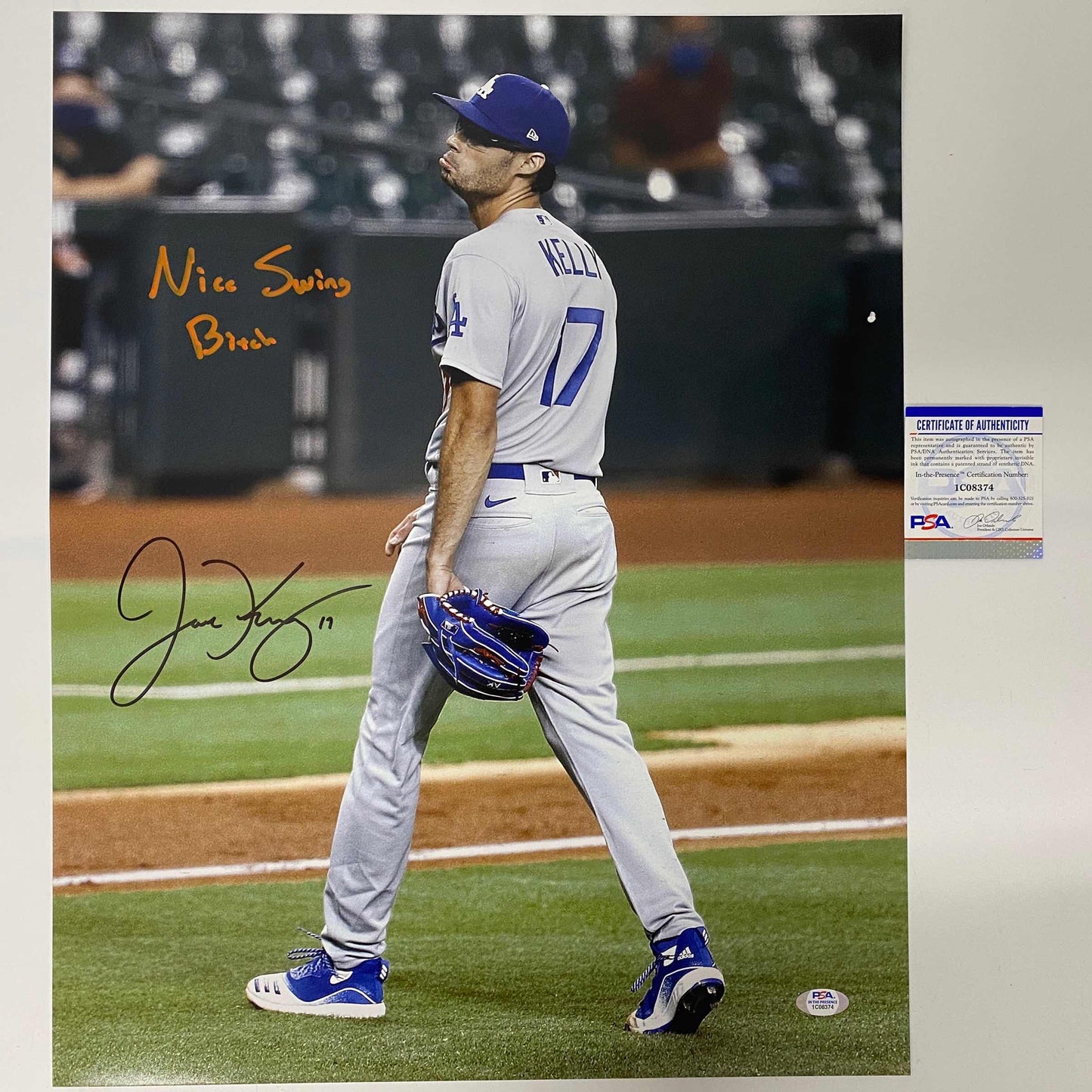Autographed/Signed Joe Kelly Inscribed Nice Swing Los Angeles LA Dodgers 16x20 Baseball Photo PSA/DNA COA