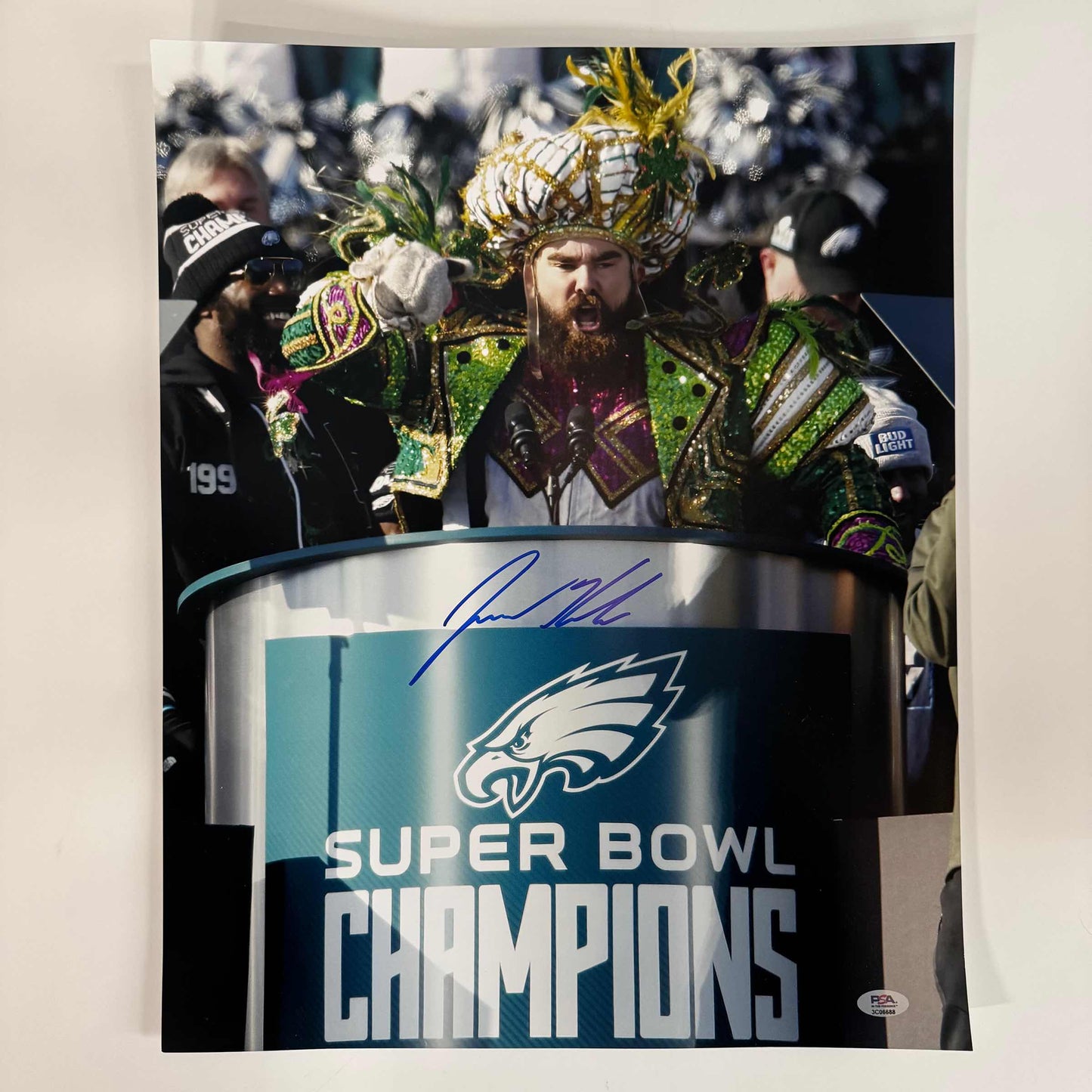 Autographed/Signed Jason Kelce Super Bowl Parade Speech Mummers Philadelphia Eagles 16x20 Football Photo PSA COA