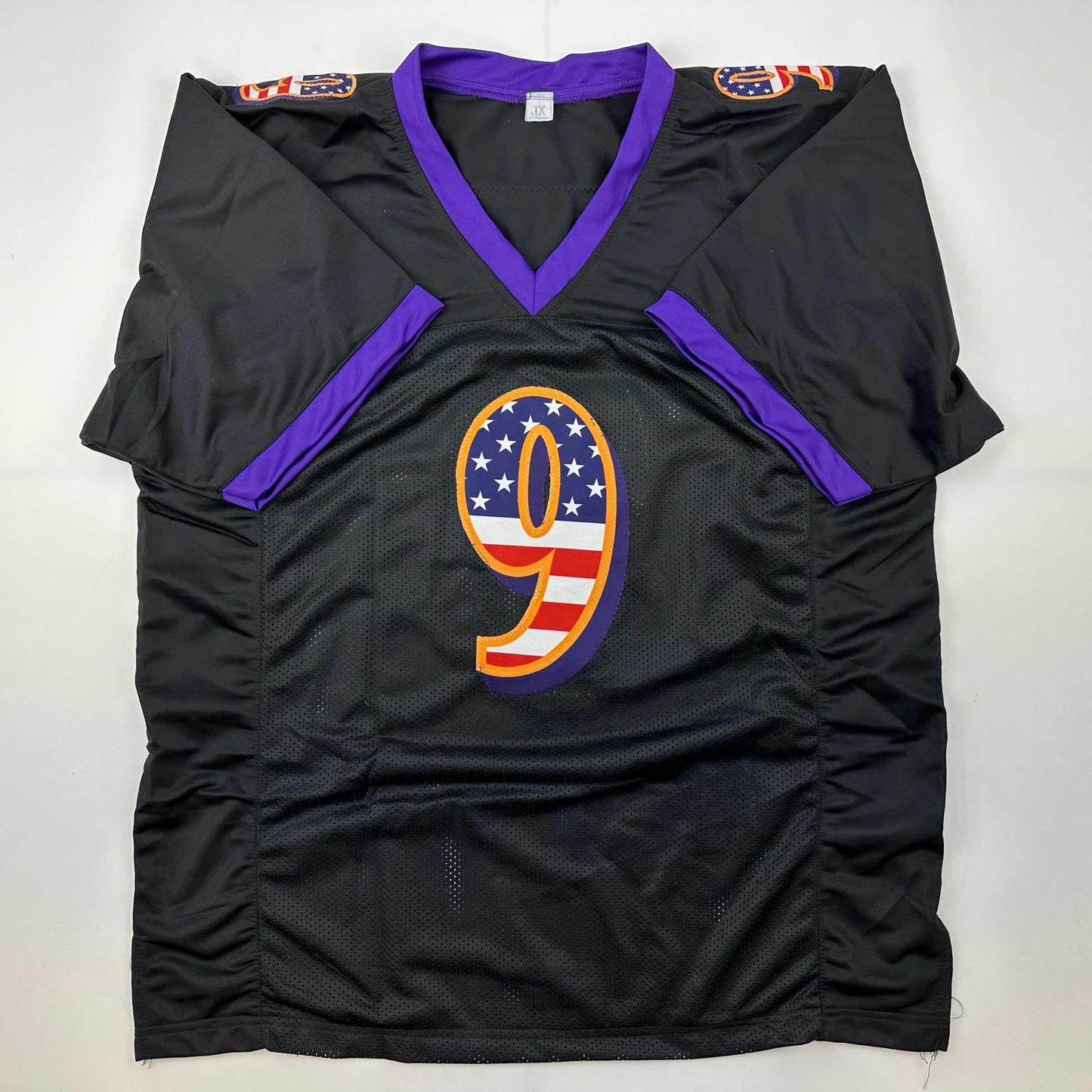 Autographed/Signed Justin Tucker Baltimore Black USA American Flag Football Jersey JSA COA