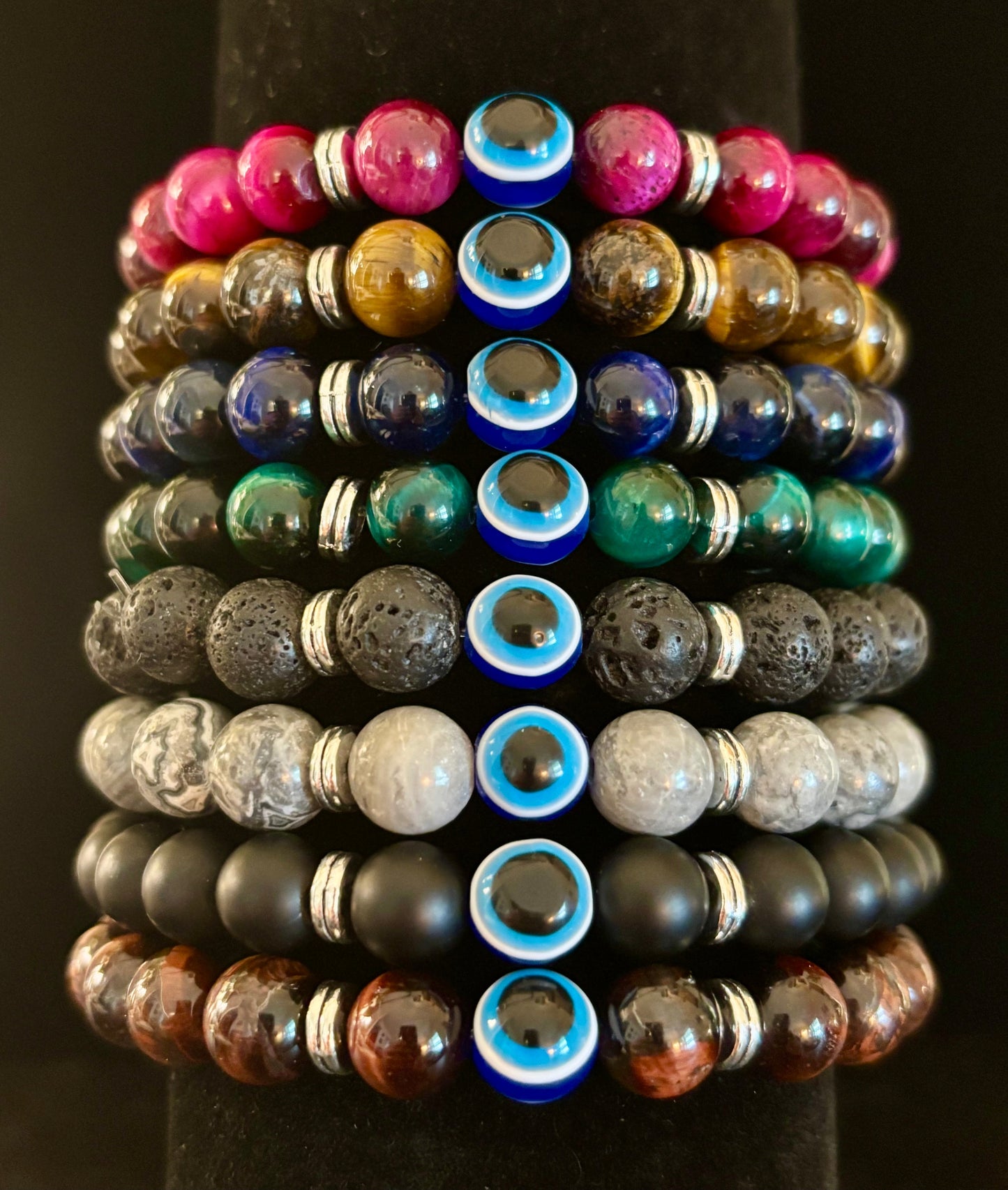 Evil Eye Tiger Eye Style Beaded Bracelet – Handmade Natural Stone Protection