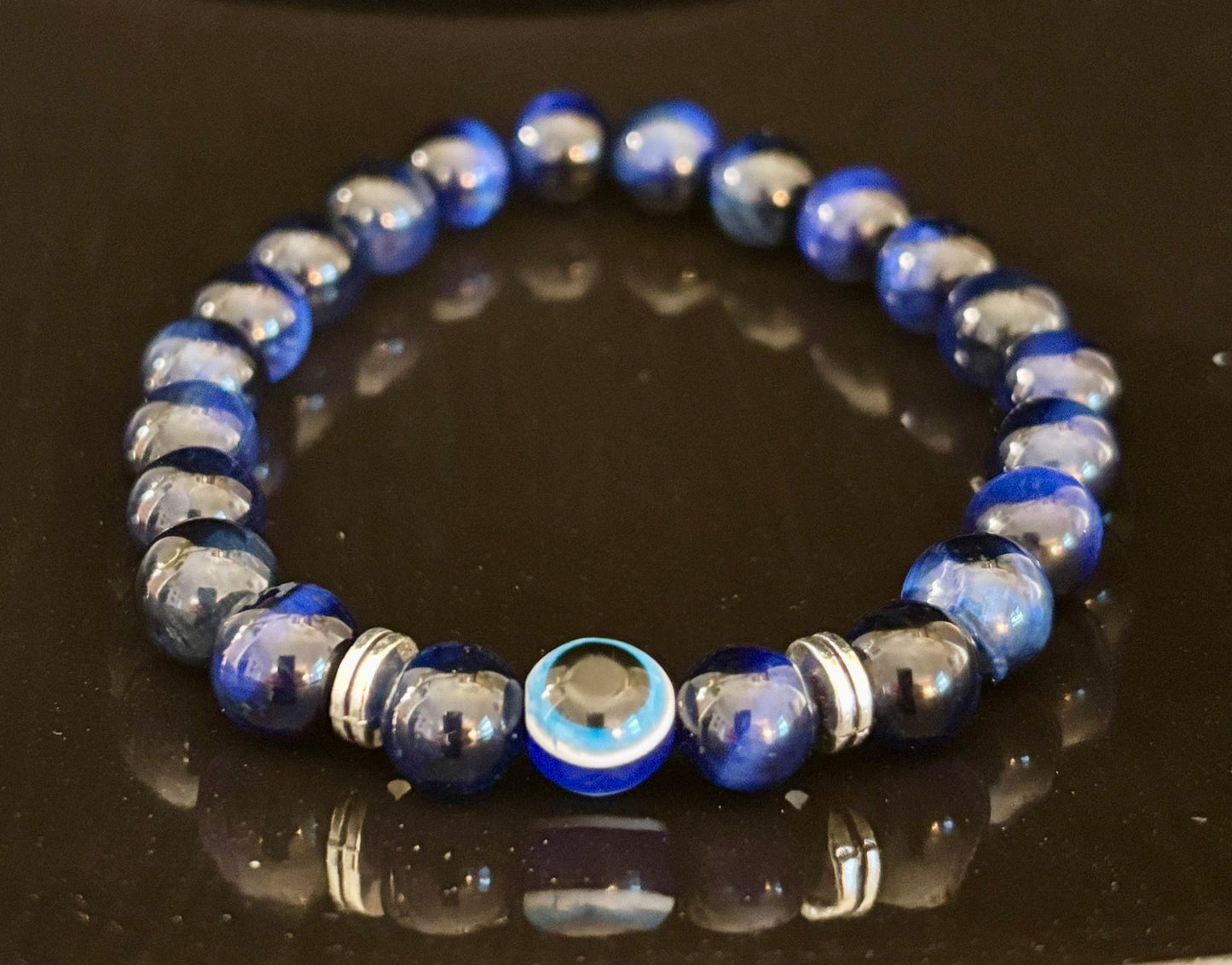 Evil Eye Tiger Eye Style Beaded Bracelet – Handmade Natural Stone Protection