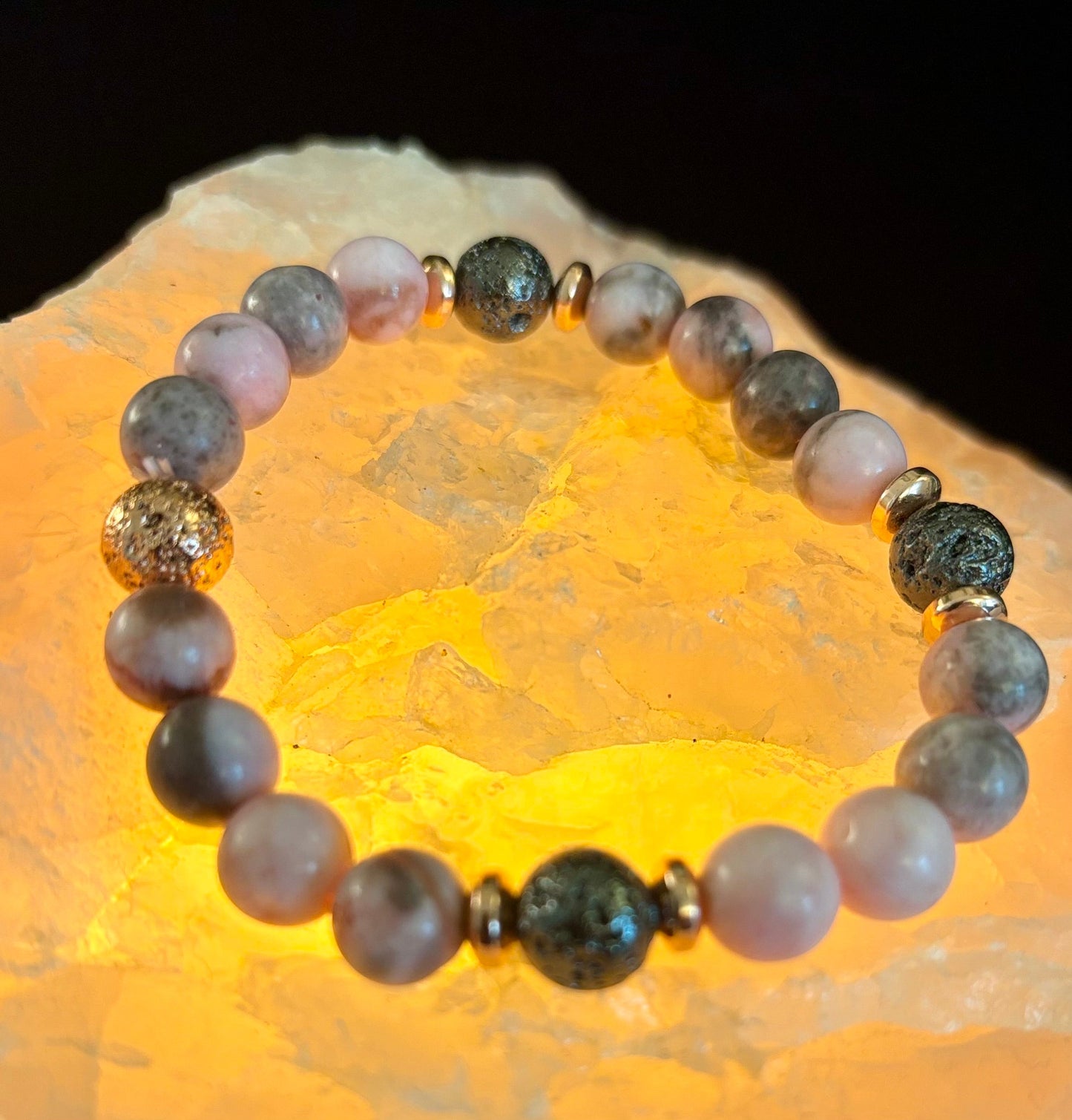 Pink Zebra Jasper & Rose Gold Toned Lava Stone Bracelet