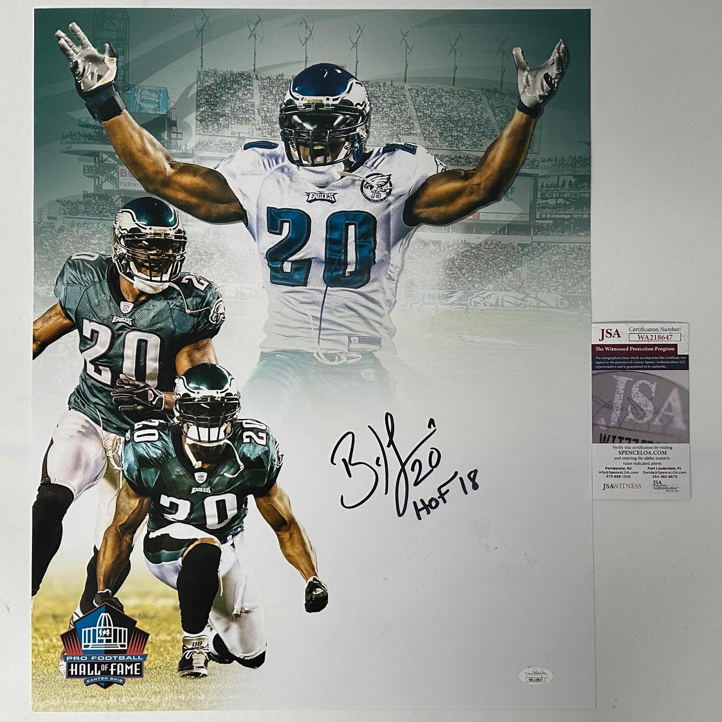 Autographed/Signed Brian Dawkins HOF 18 Philadelphia Eagles 16x20 Football Photo JSA COA