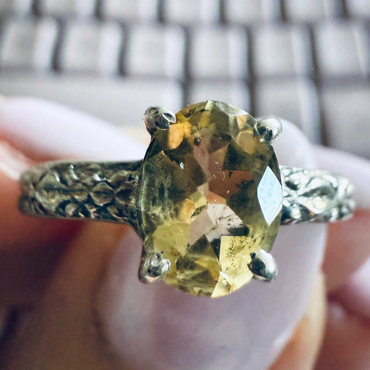 Citrine Oval Textured-Band Ring – Sterling Silver – Size 8