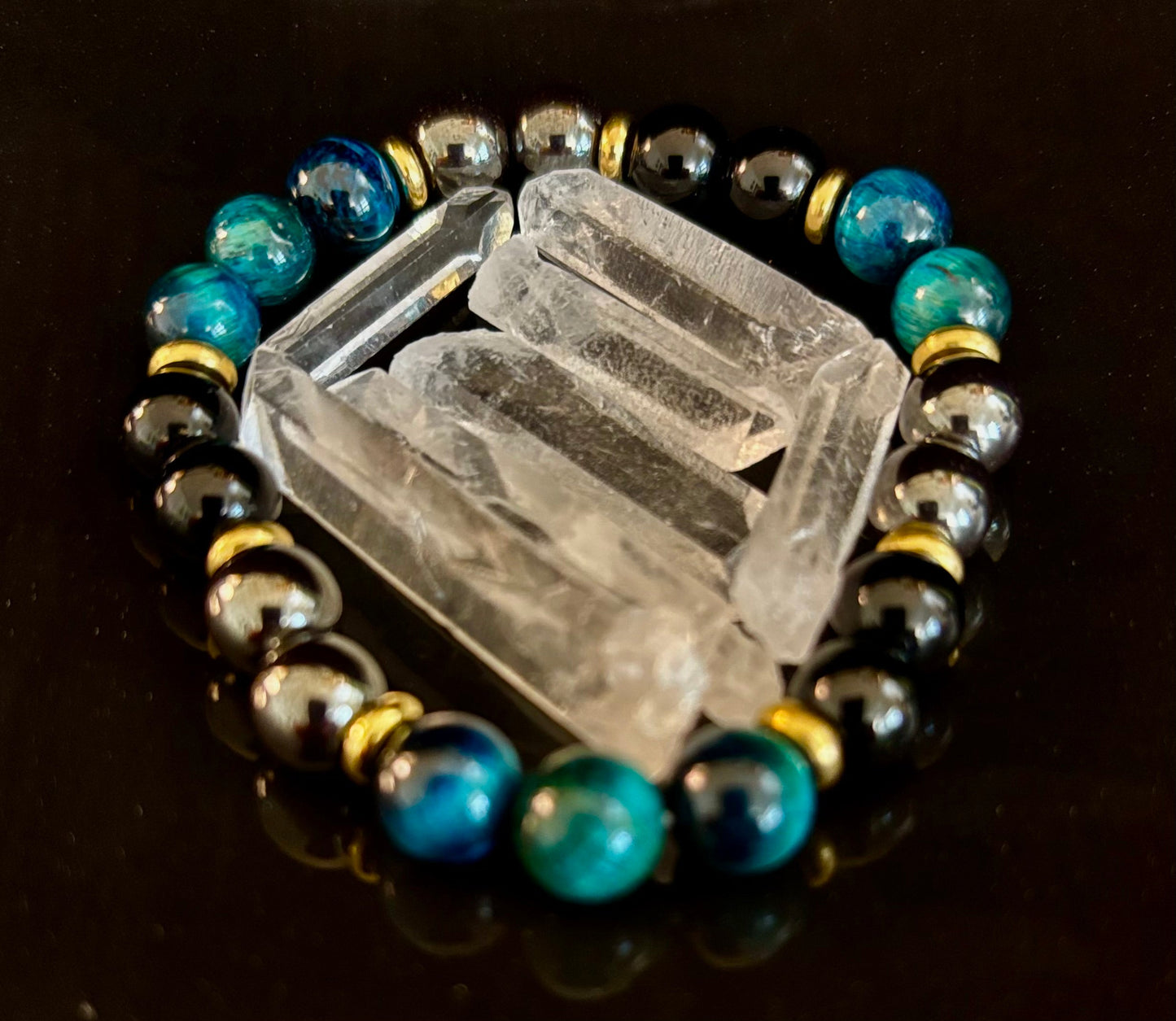 Blue Tiger Eye + Hematite + Onyx Bracelet – Anxiety Relief, Strength & Focus (8mm • Medium Wrist)