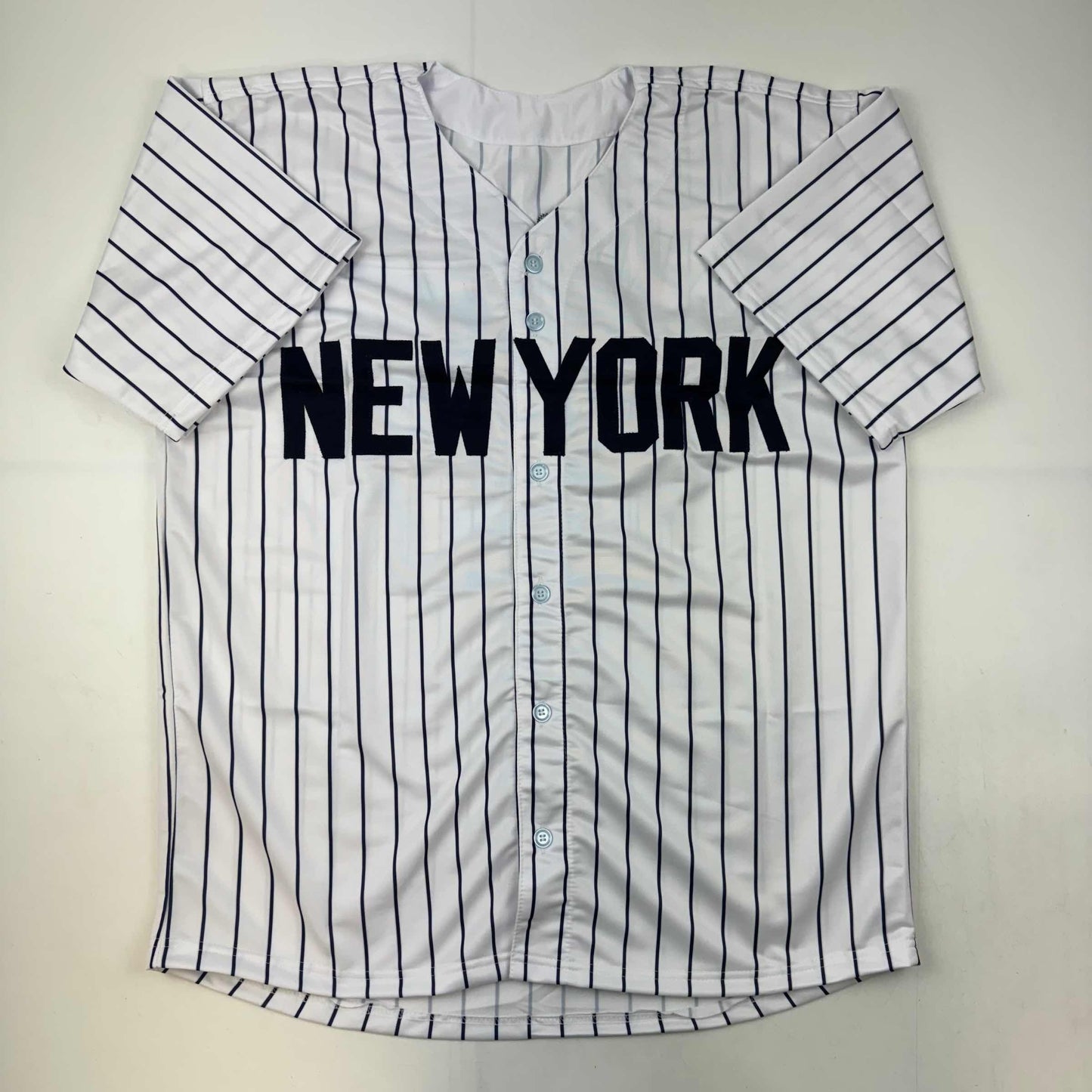 Autographed/Signed Jim Abbott New York White Pinstripe Baseball Jersey Beckett BAS Holo