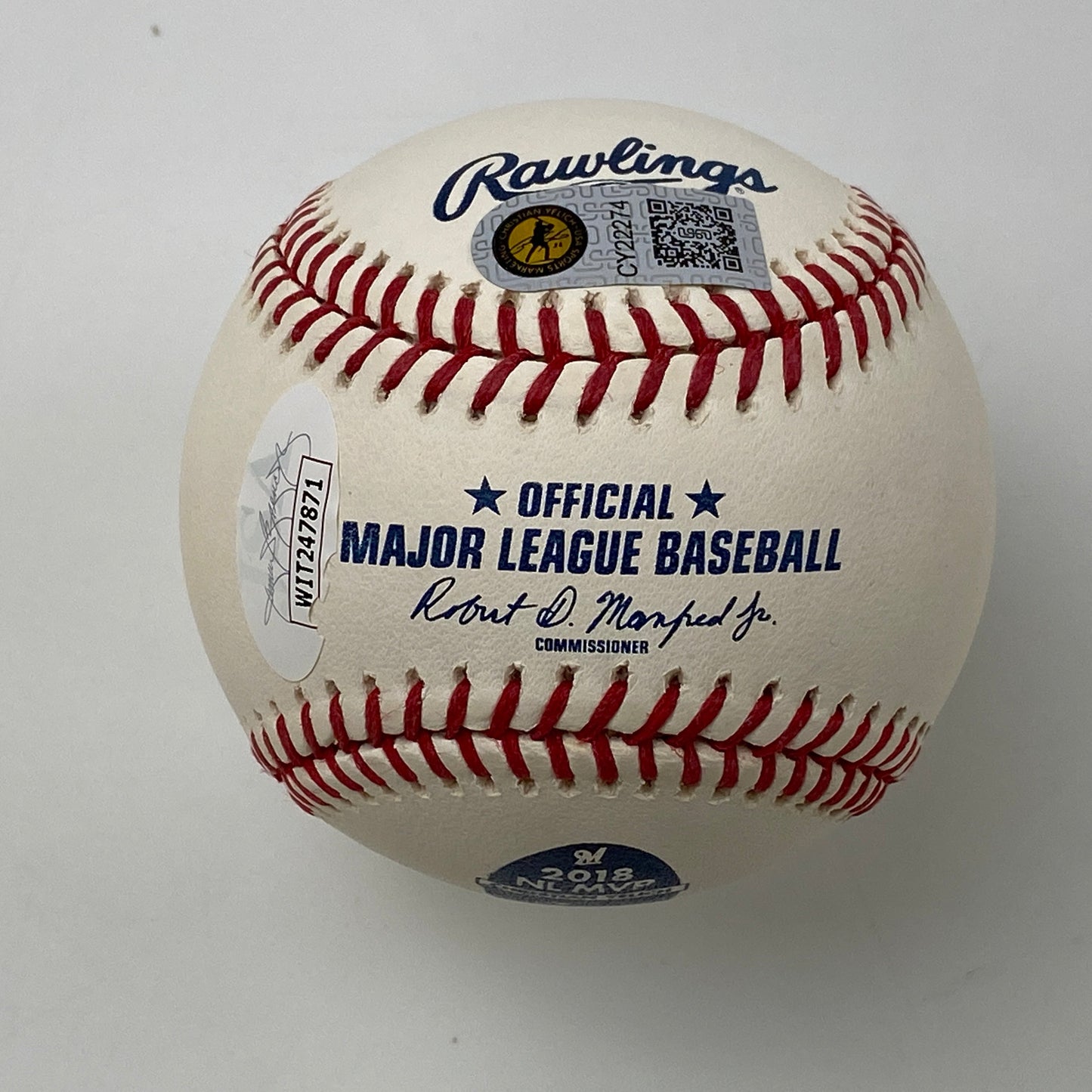 Autographed/Signed Christian Yelich Yeli 2018 NL MVP Rawlings Official Major League Baseball ROML JSA COA