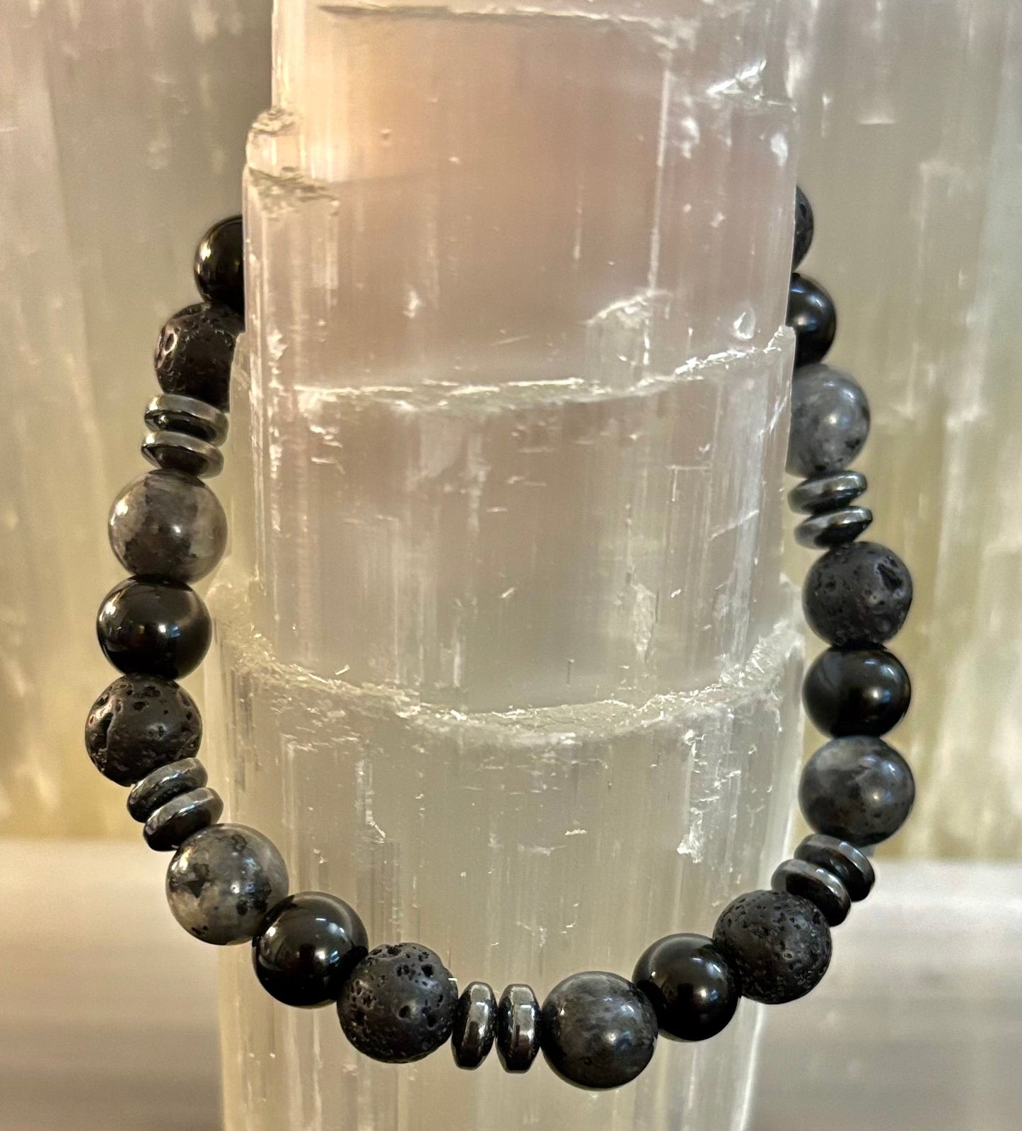 Men's Mystic Warrior Bracelet – Labradorite, Black Onyx & Lava Rock with Black Metal Spacers (Fits Large Wrists)