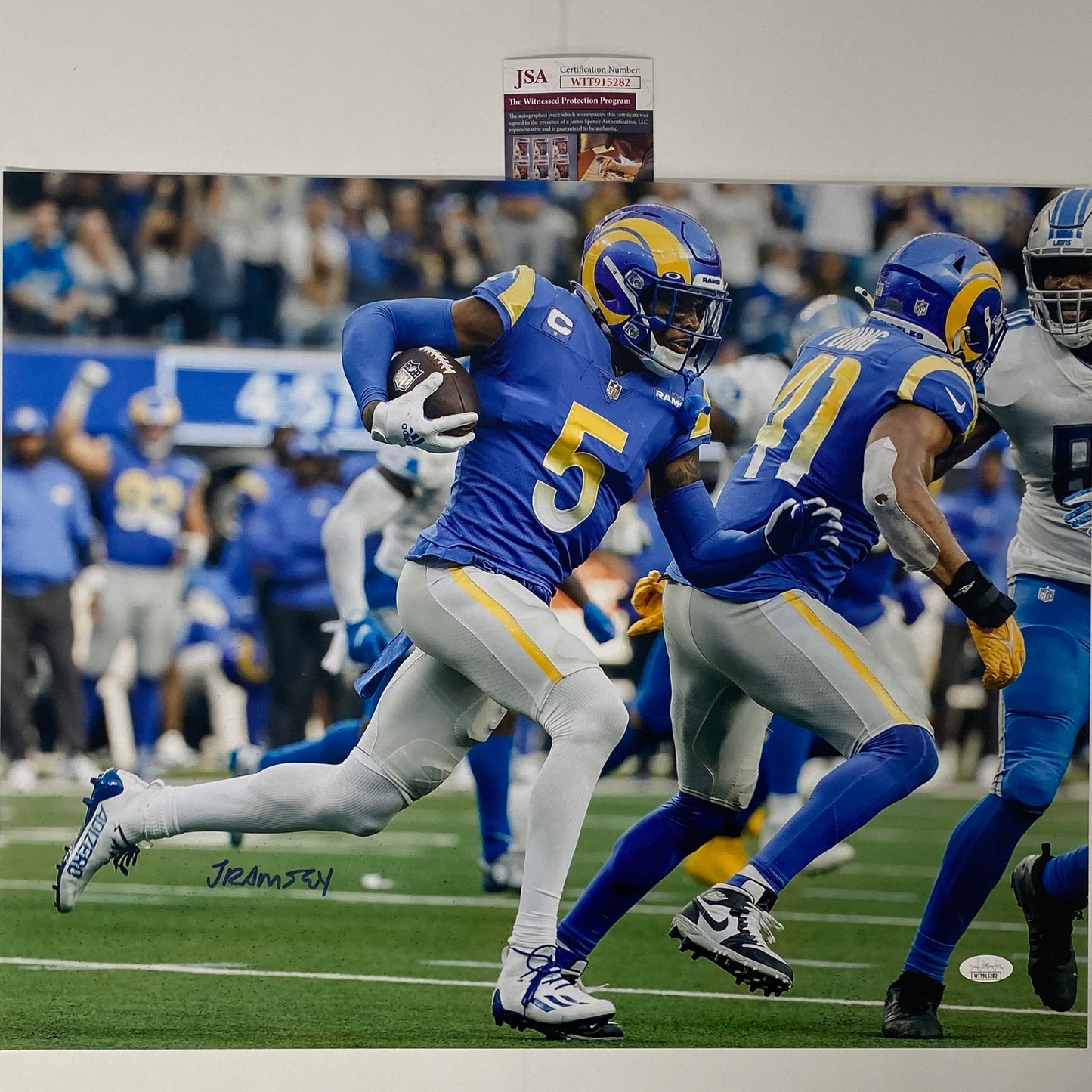 Autographed/Signed Jalen Ramsey Los Angeles LA Rams 16x20 Football Photo JSA COA #1