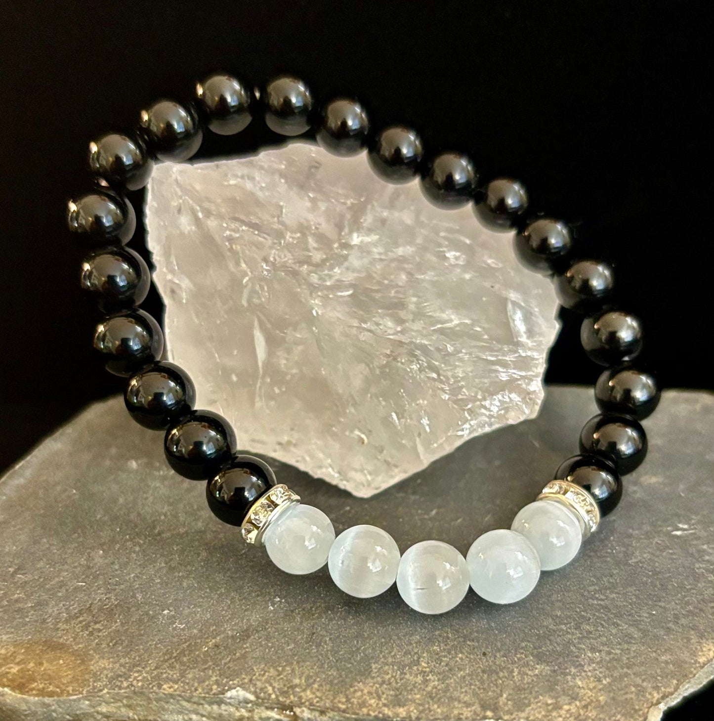 Black Tourmaline & Selenite Protection Bracelet – Energy Shield & Inner Clarity