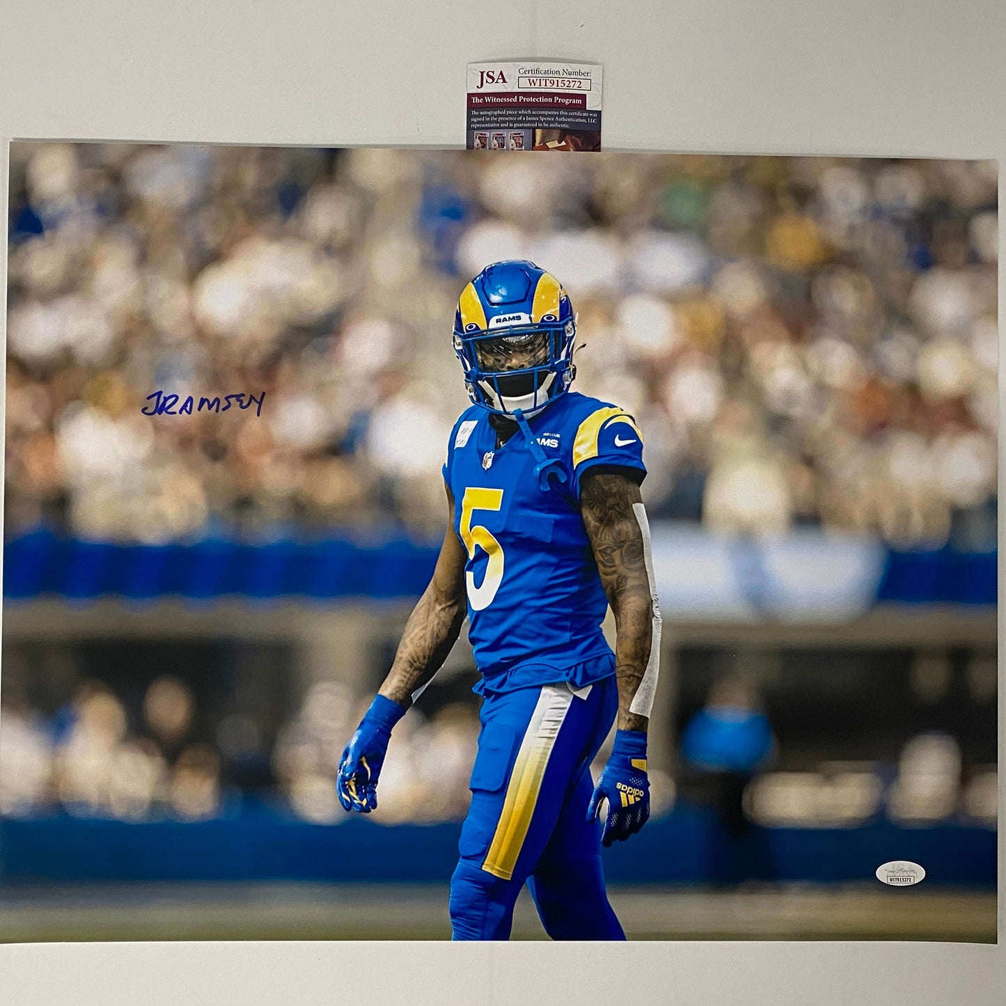 Autographed/Signed Jalen Ramsey Los Angeles LA Rams 16x20 Football Photo JSA COA #4