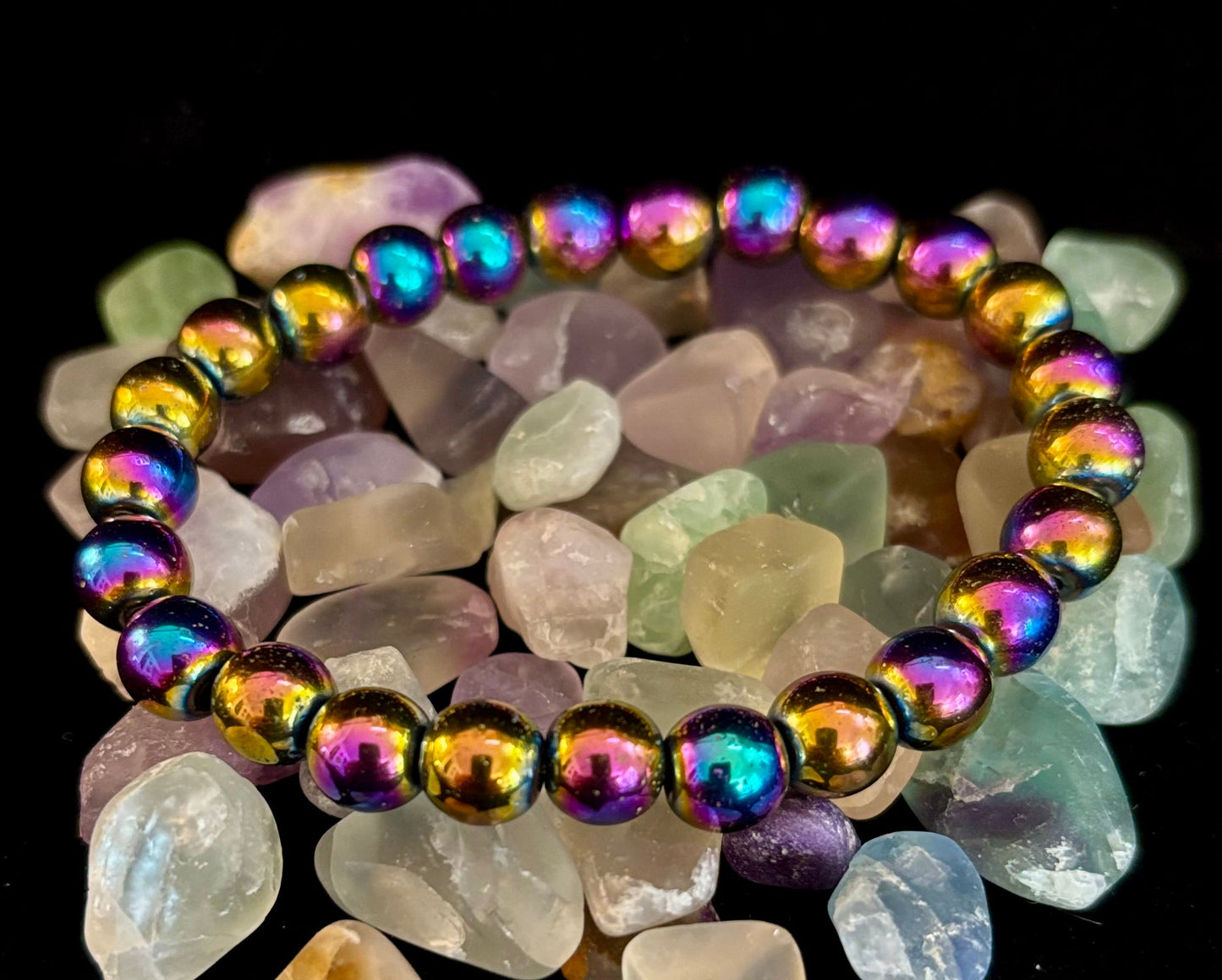 Rainbow Hematite Round Beaded Bracelet – Pride & Strength for Medium to Large Wrists