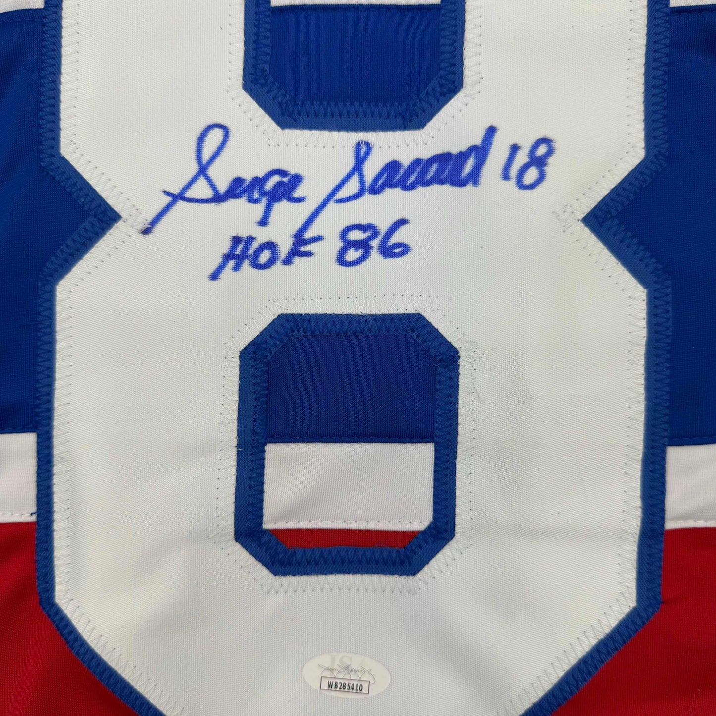 Framed Autographed/Signed Serge Savard 35x39 HOF 86 Montreal Red Hockey Jersey JSA COA