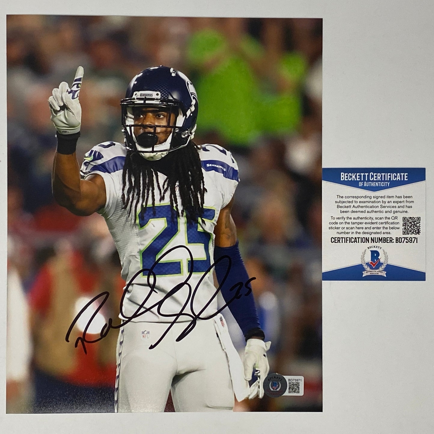 Autographed/Signed Richard Sherman Seattle Seahawks 8x10 Football Photo Beckett BAS COA