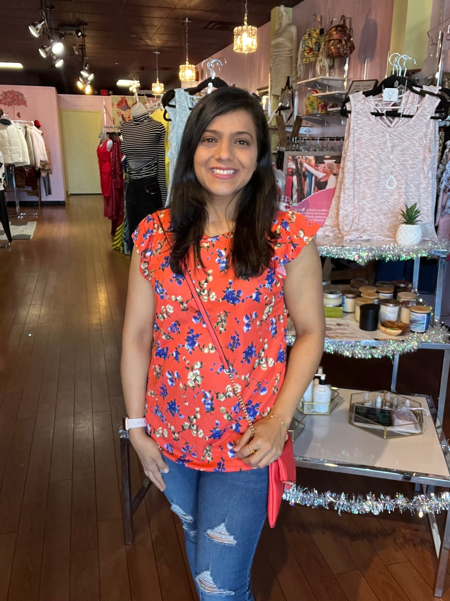 Floral Print Crew Neck Orange Blouse
