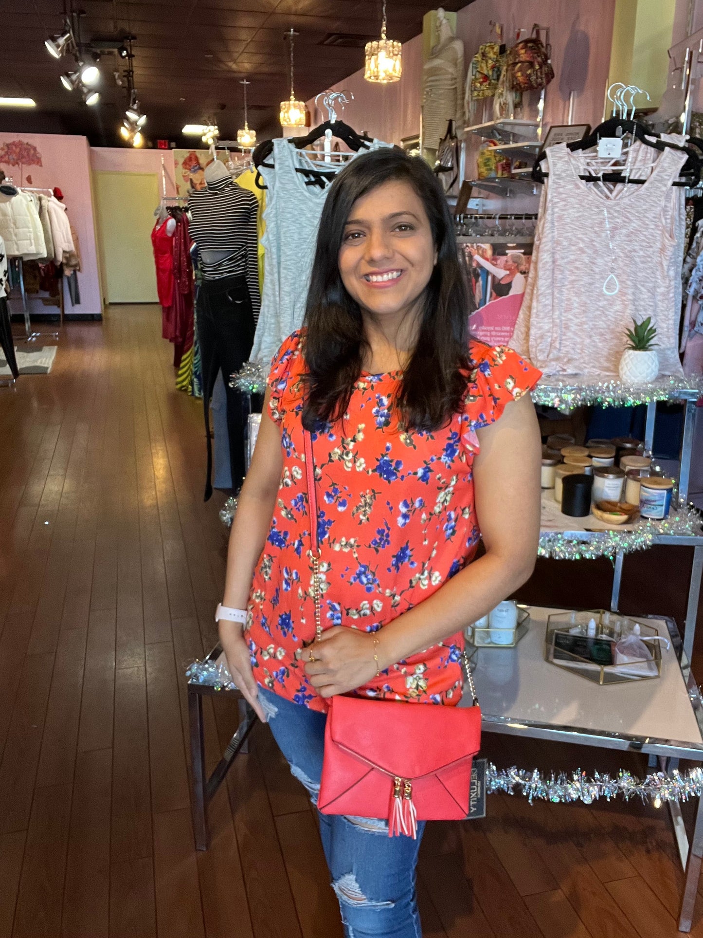 Floral Print Crew Neck Orange Blouse