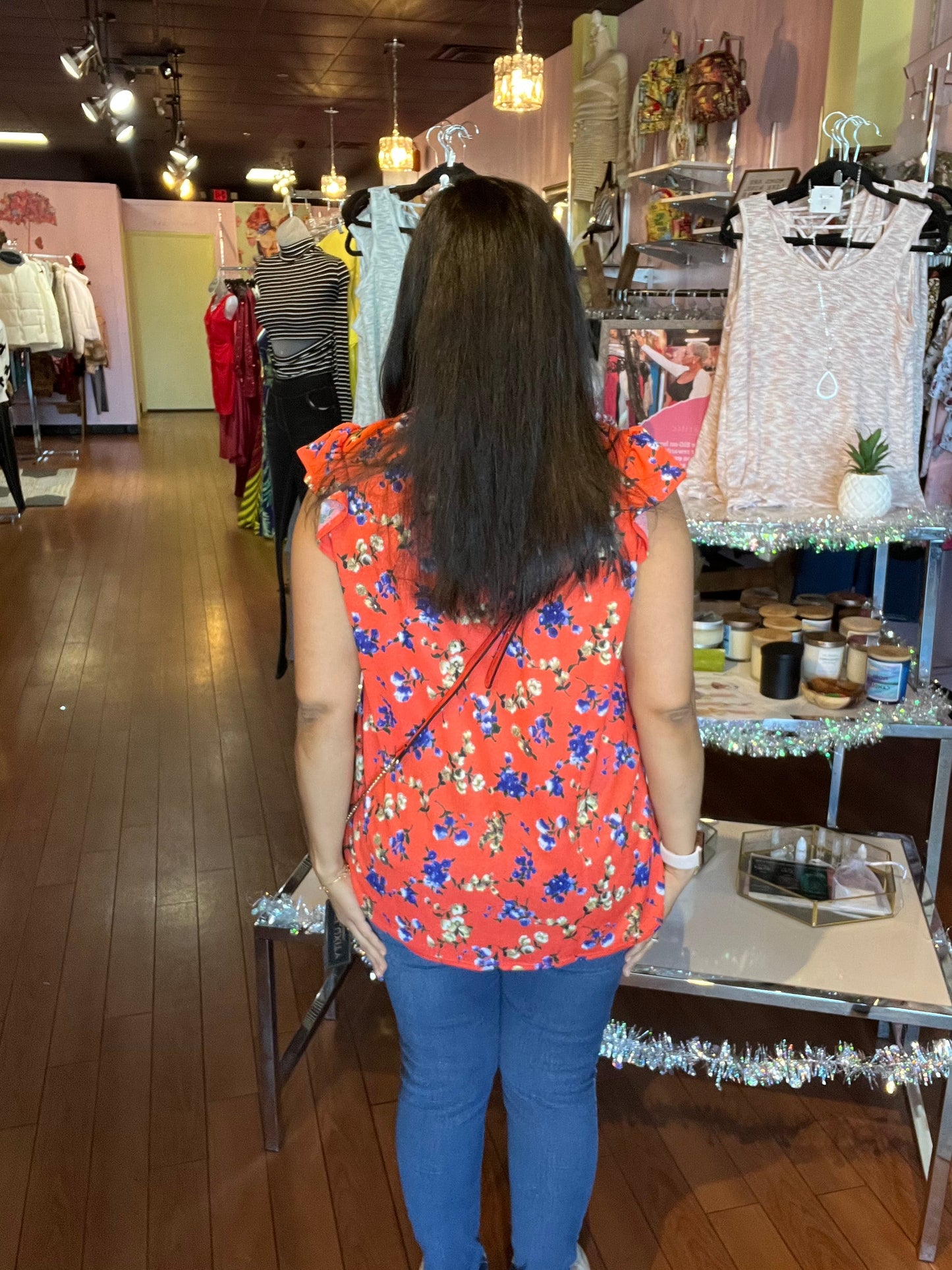 Floral Print Crew Neck Orange Blouse