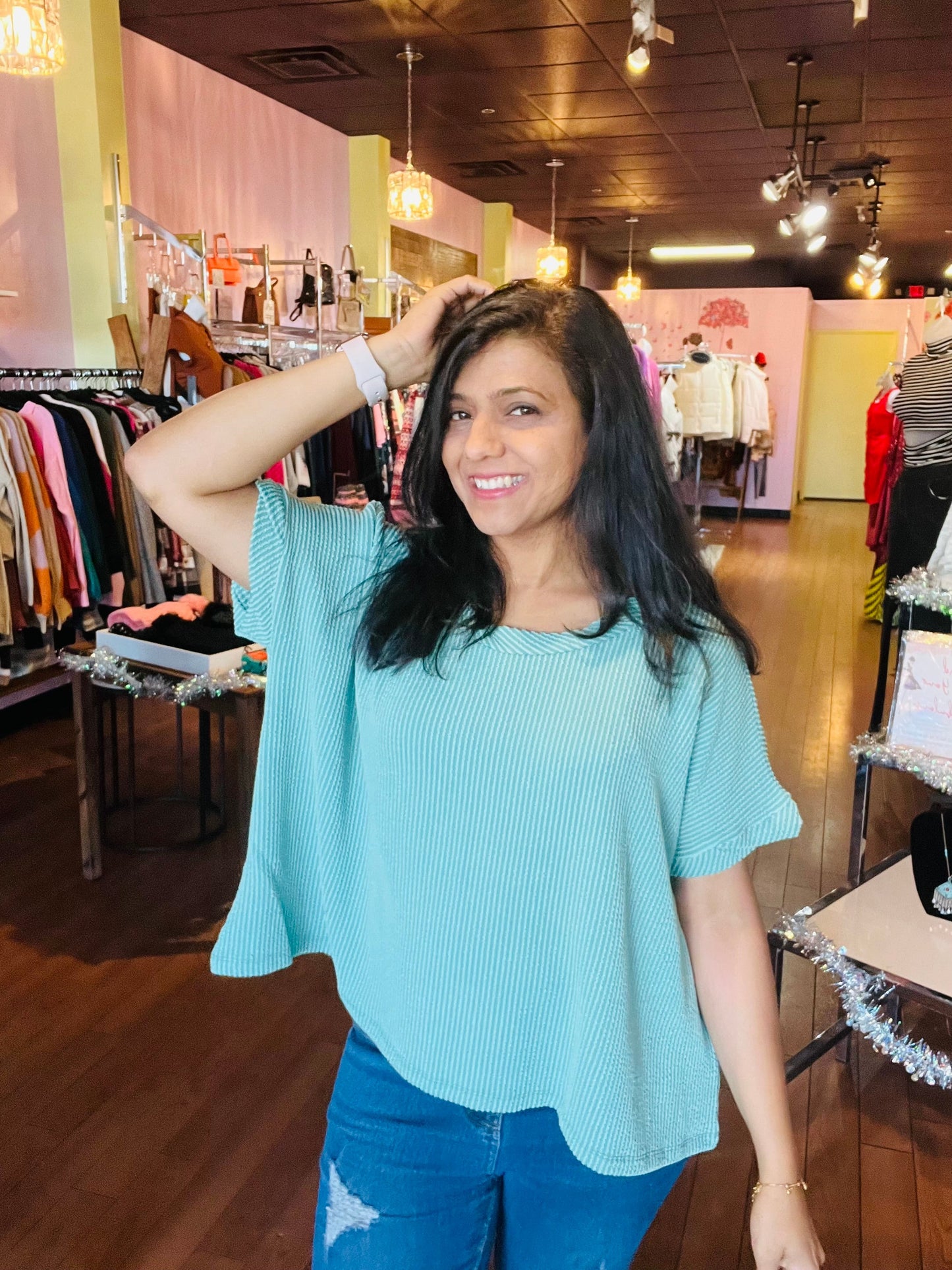 Textured line short twisted sleeve Light Jade top