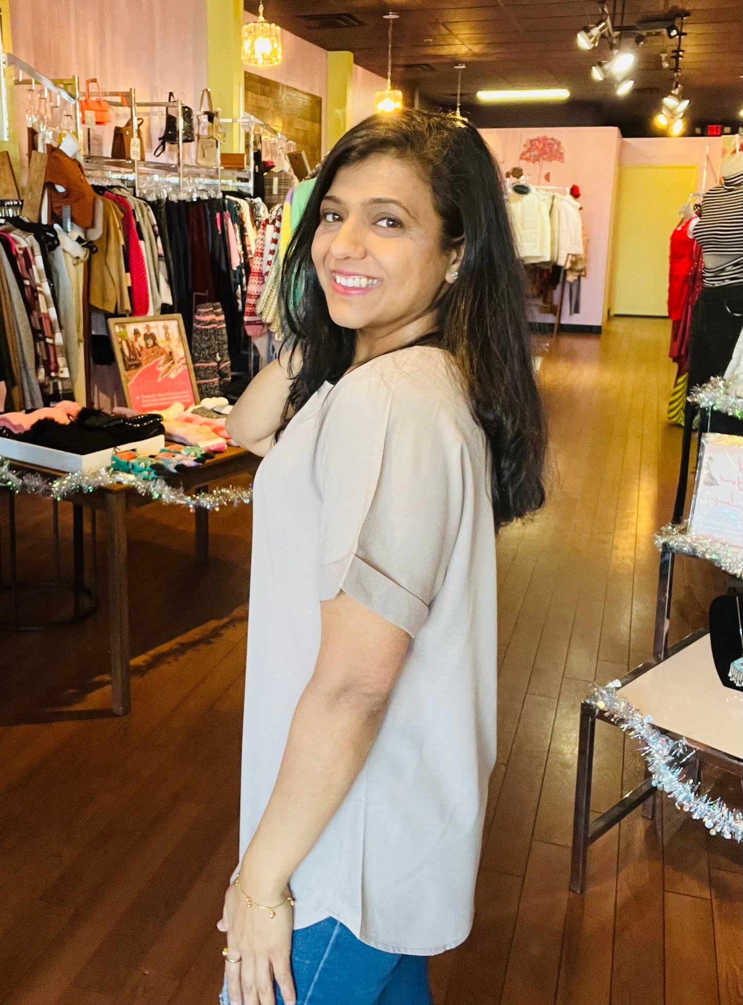 Woven Rolled Sleeve Crew Neck Ash Mocha Blouse