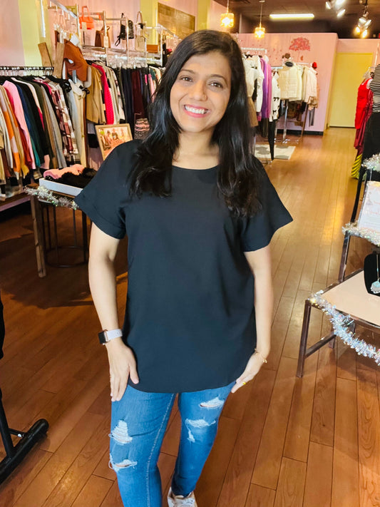 Woven Rolled Sleeve Crew Neck Black Blouse