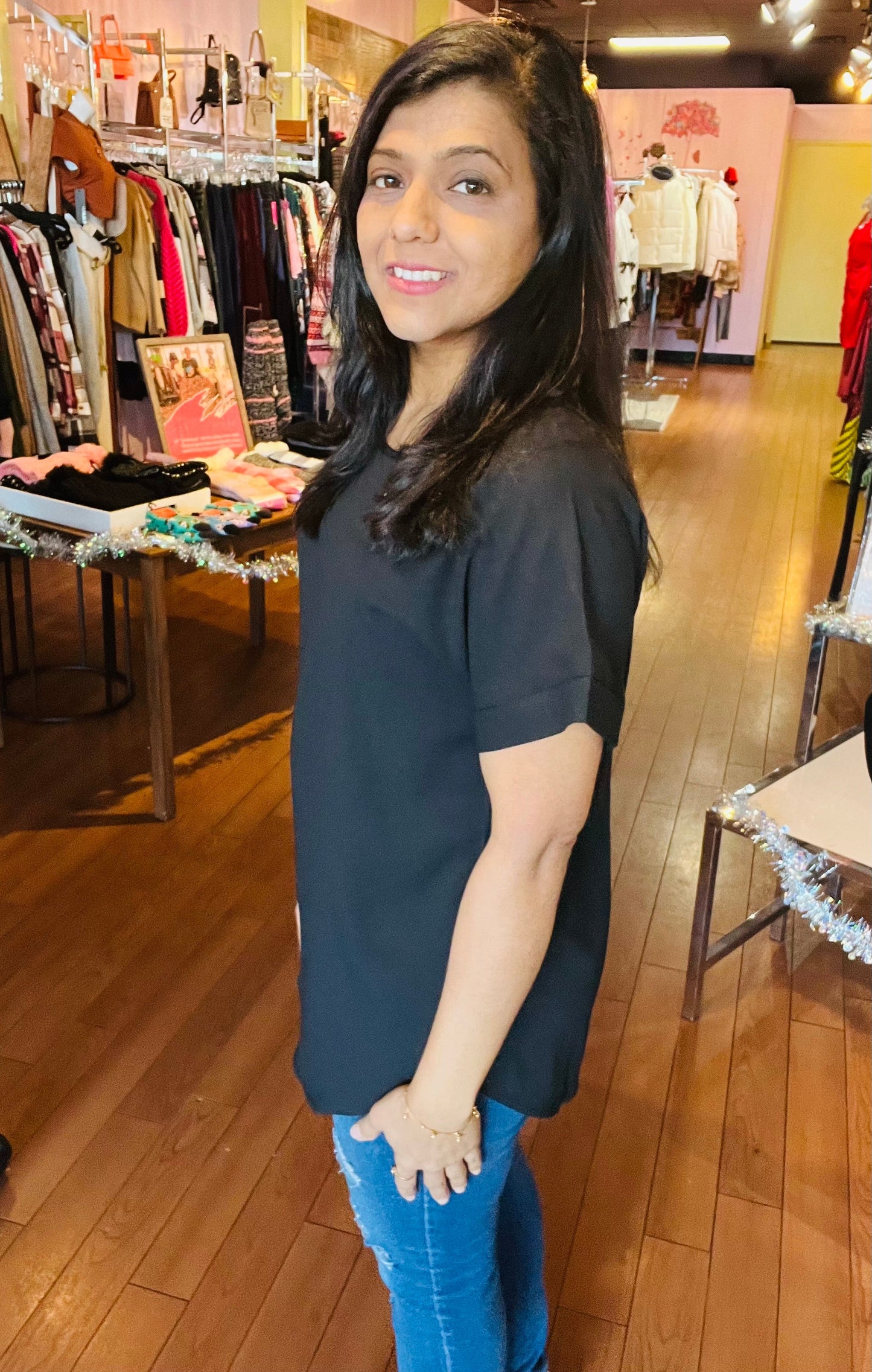 Woven Rolled Sleeve Crew Neck Black Blouse