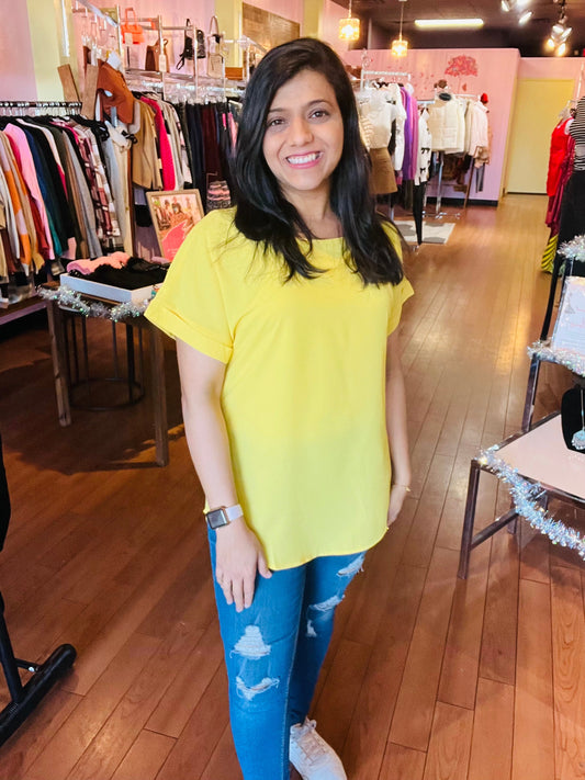 Woven Rolled Sleeve Crew Neck Yellow Blouse