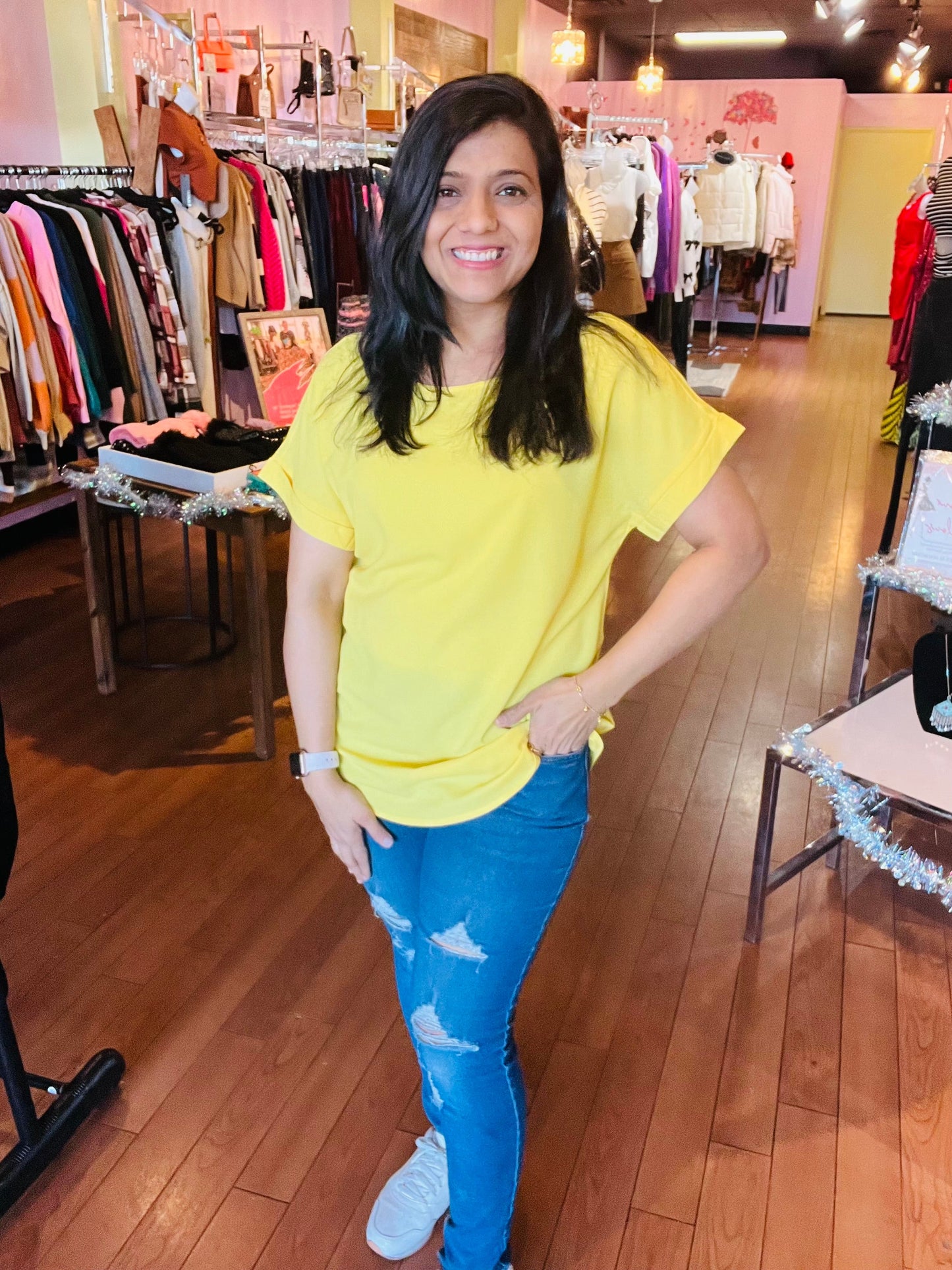 Woven Rolled Sleeve Crew Neck Yellow Blouse