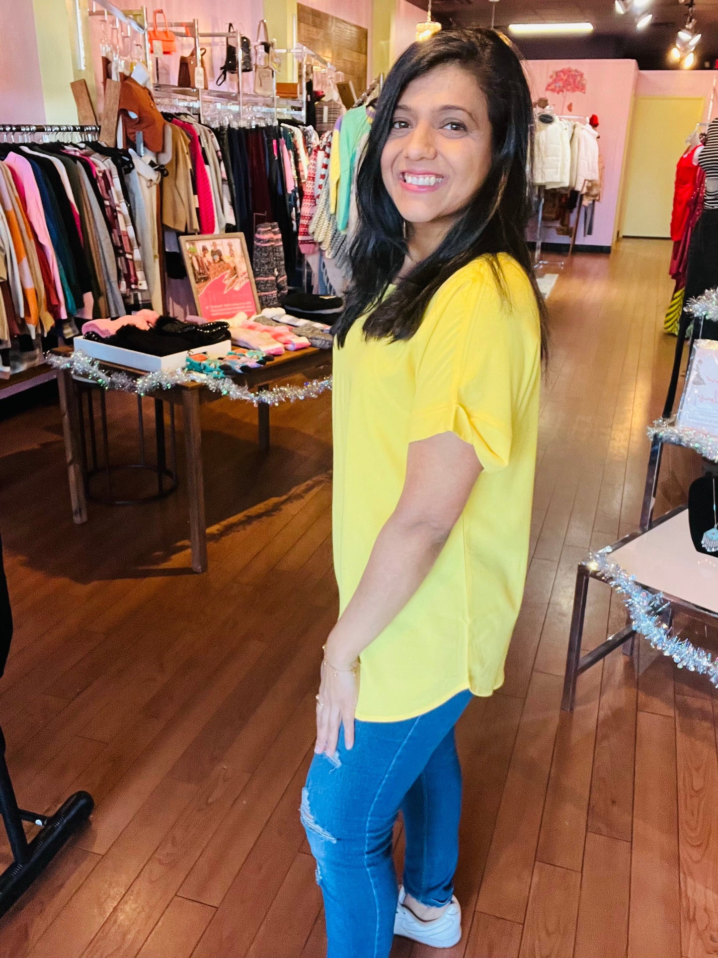 Woven Rolled Sleeve Crew Neck Yellow Blouse