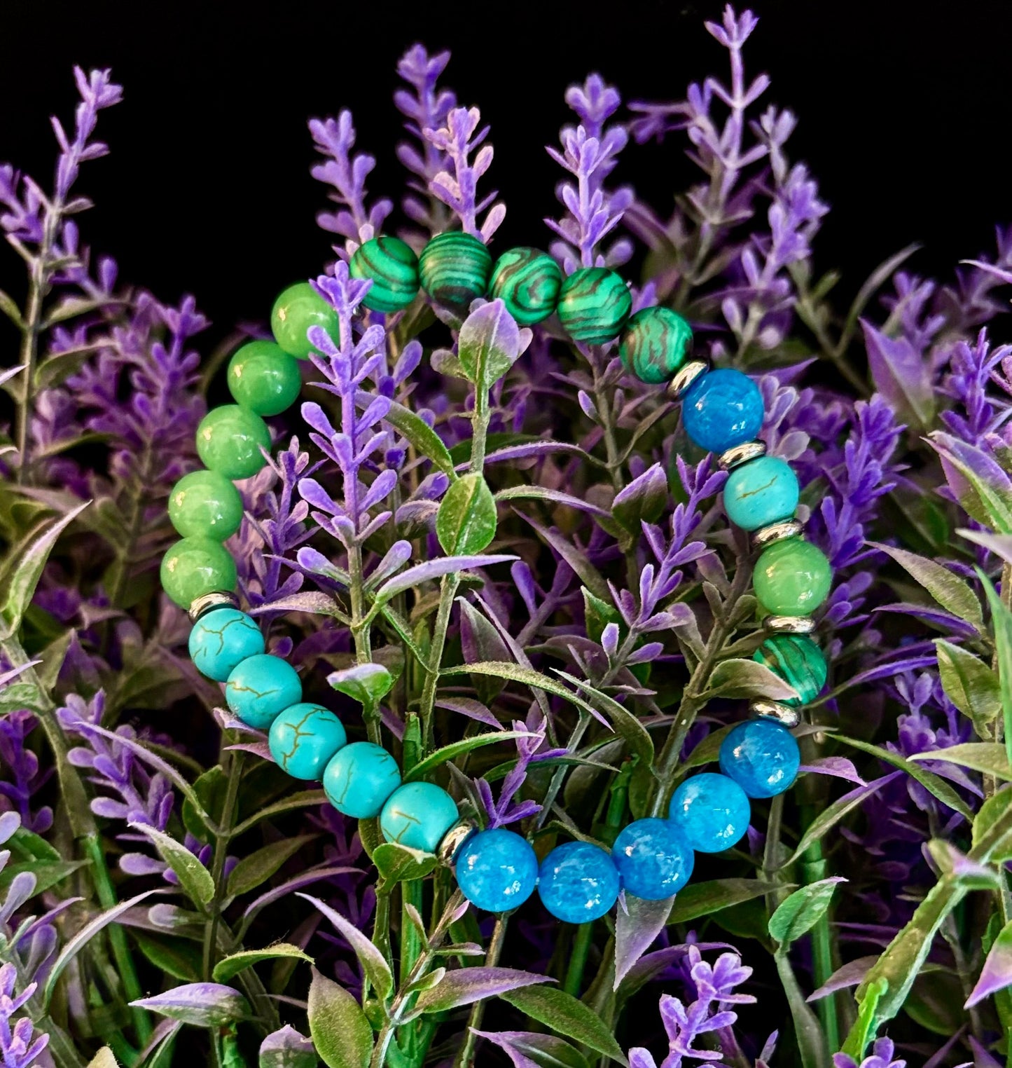 Anxiety Relief Healing Bracelet – Fits Large Wrists (Malachite, Green Aventurine, Turquoise, and Aquamarine)