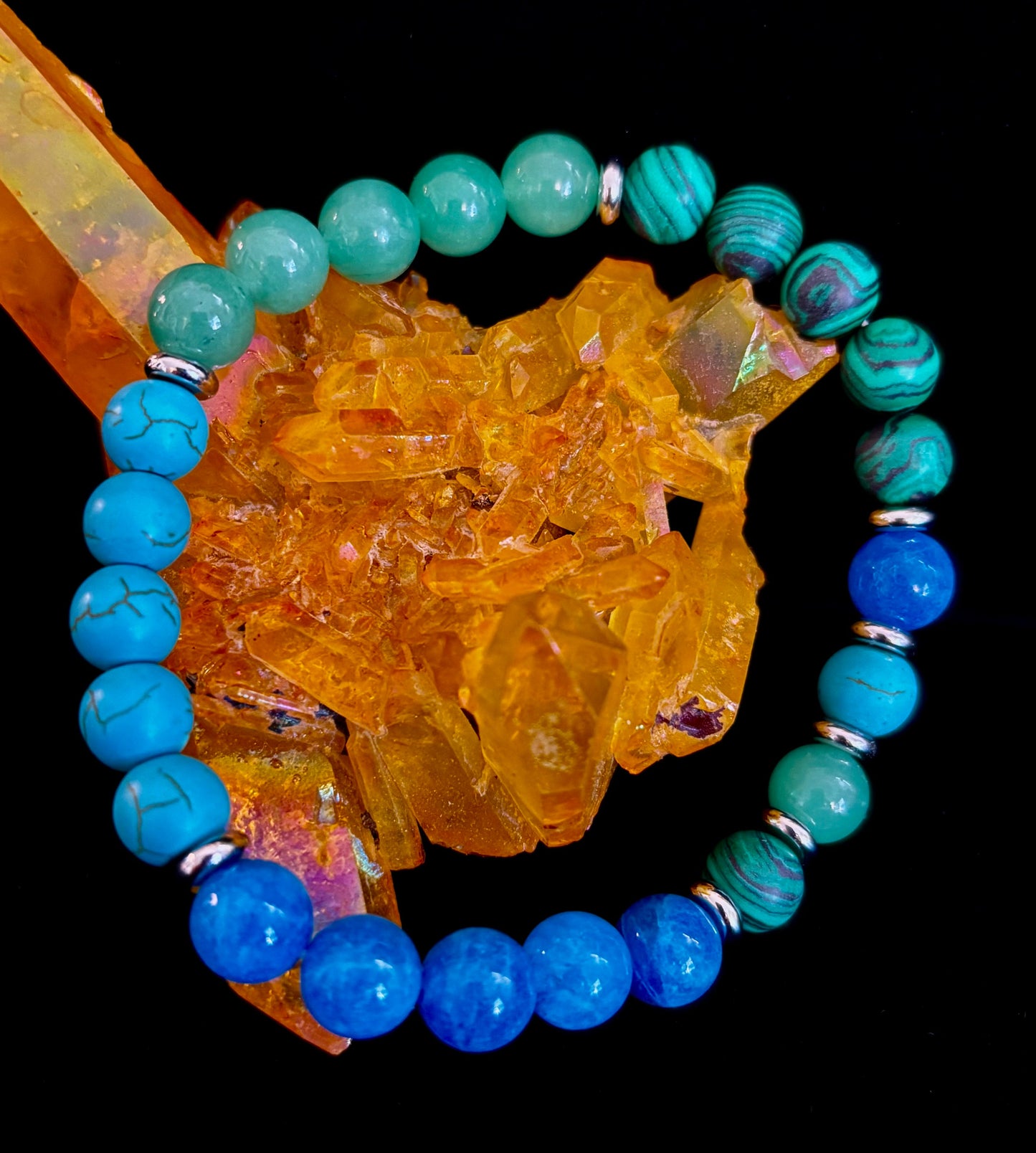 Anxiety Relief Healing Bracelet – Fits Large Wrists (Malachite, Green Aventurine, Turquoise, and Aquamarine)