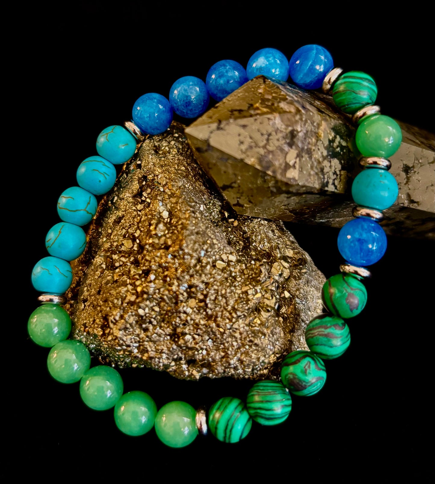 Anxiety Relief Healing Bracelet – Fits Large Wrists (Malachite, Green Aventurine, Turquoise, and Aquamarine)