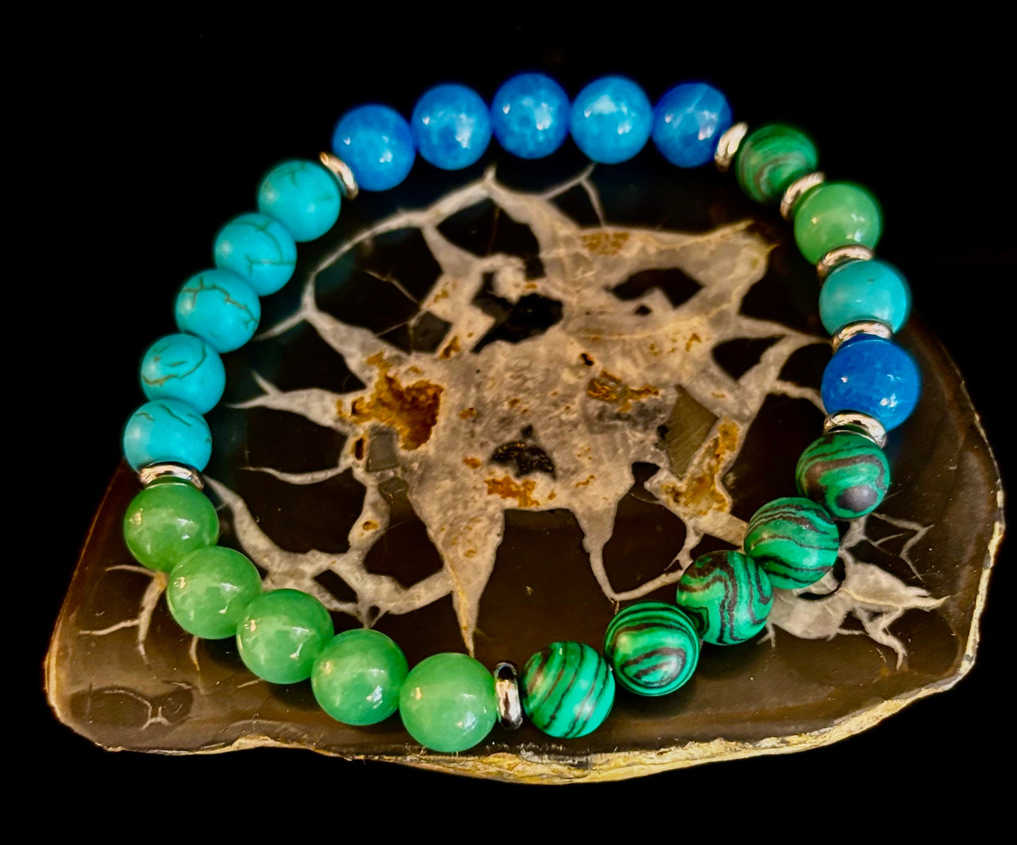 Anxiety Relief Healing Bracelet – Fits Large Wrists (Malachite, Green Aventurine, Turquoise, and Aquamarine)