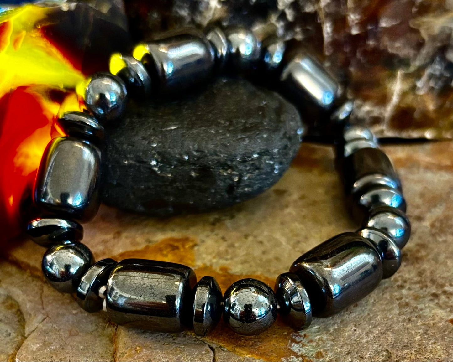Power Play Hematite Bracelet | Geometric Healing Stone for Strength & Style (Large Wrists)