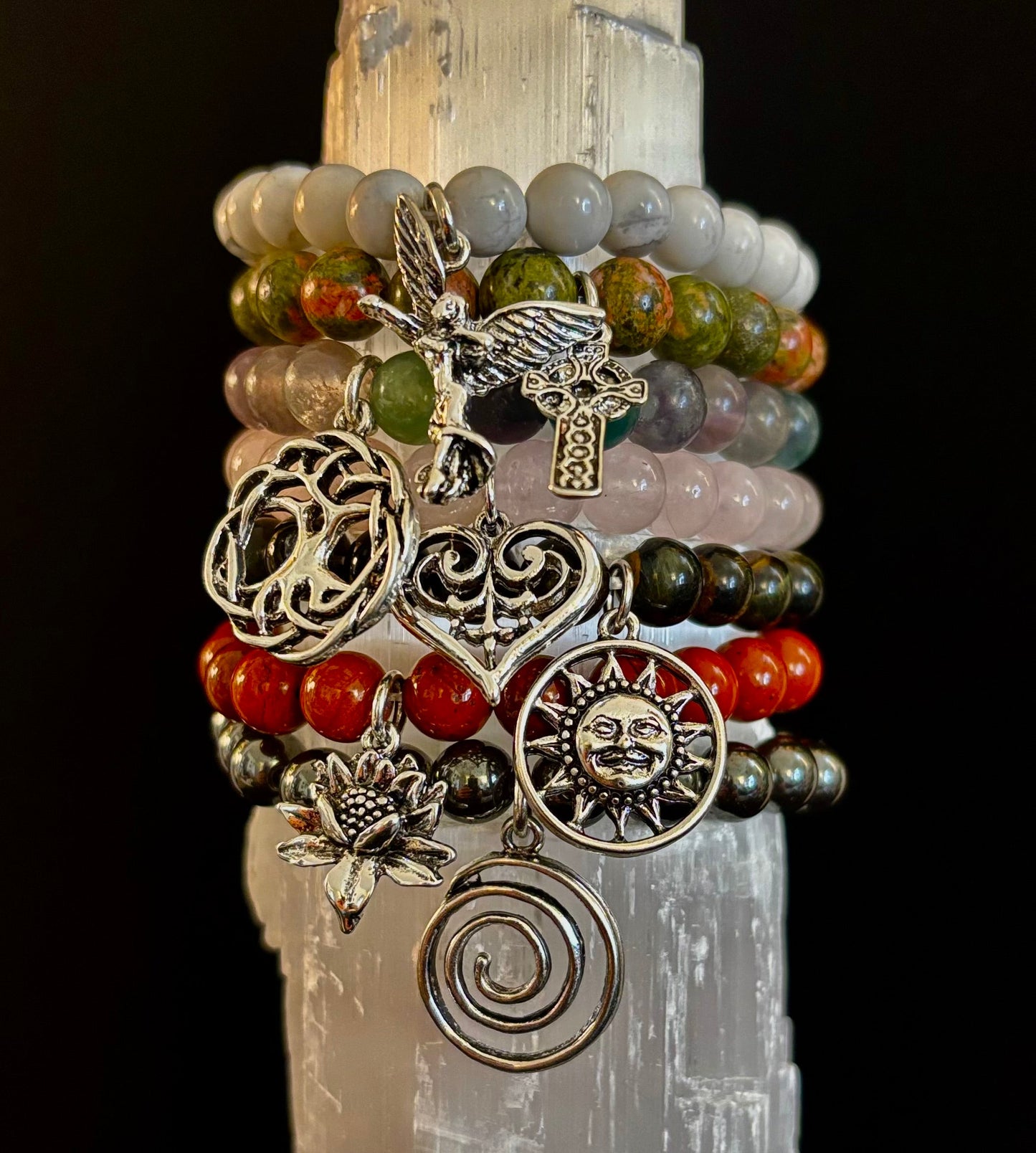 7 Wonders Natural Stone Charm Bracelet Collection | 8mm Healing Gemstone Beads with Silver Charms (Small–Medium Wrists)