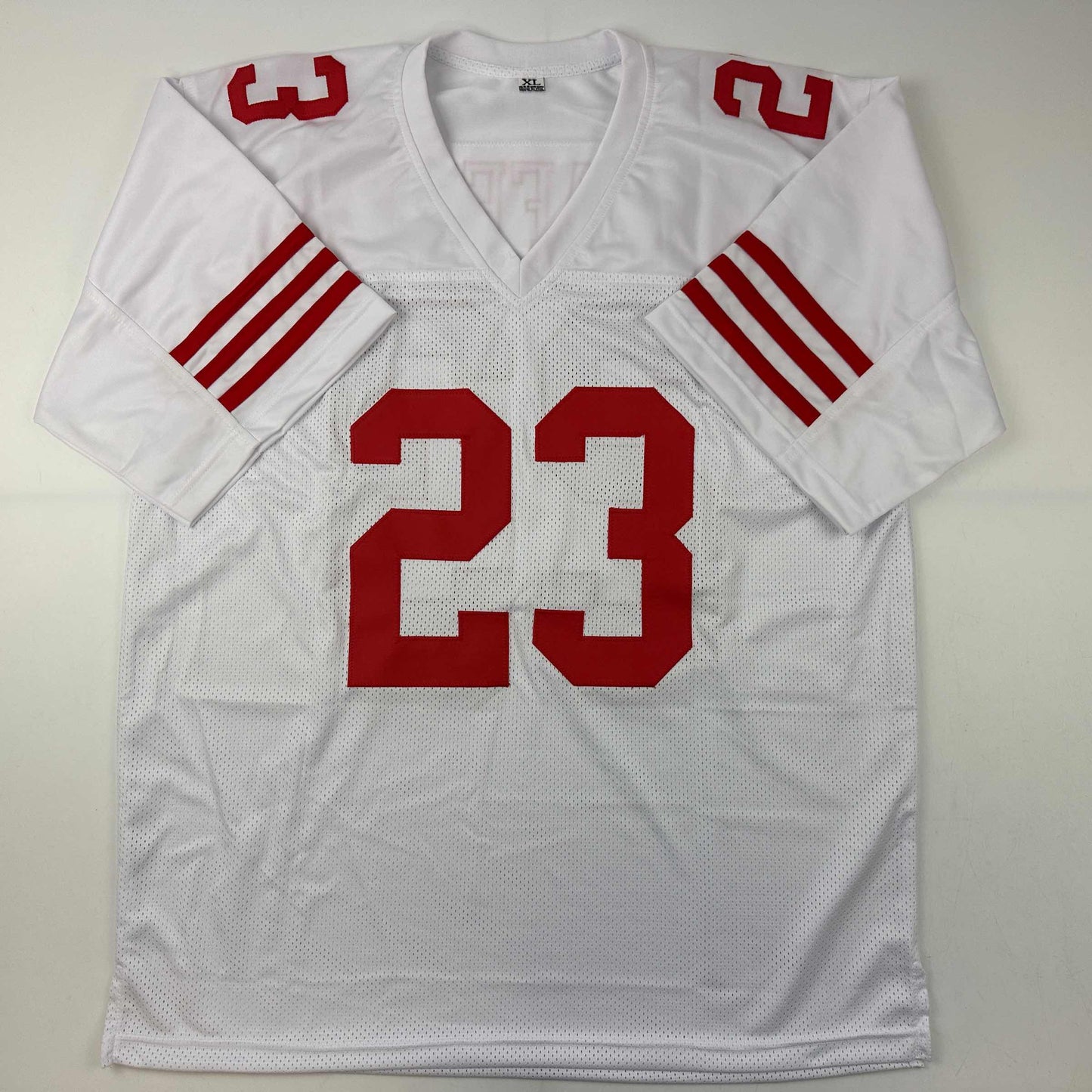 Autographed/Signed Christian McCaffrey San Francisco White Football Jersey JSA COA