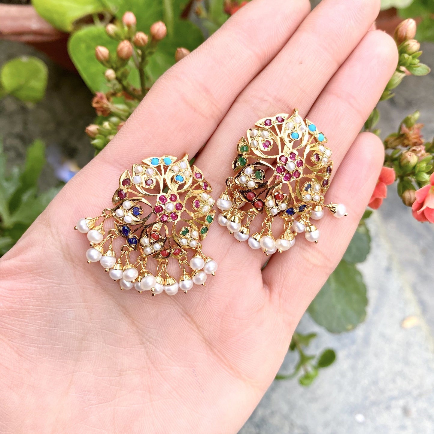 Navratan Jadau Studs in Gold Plated Sterling Silver ( READY TO SHIP )