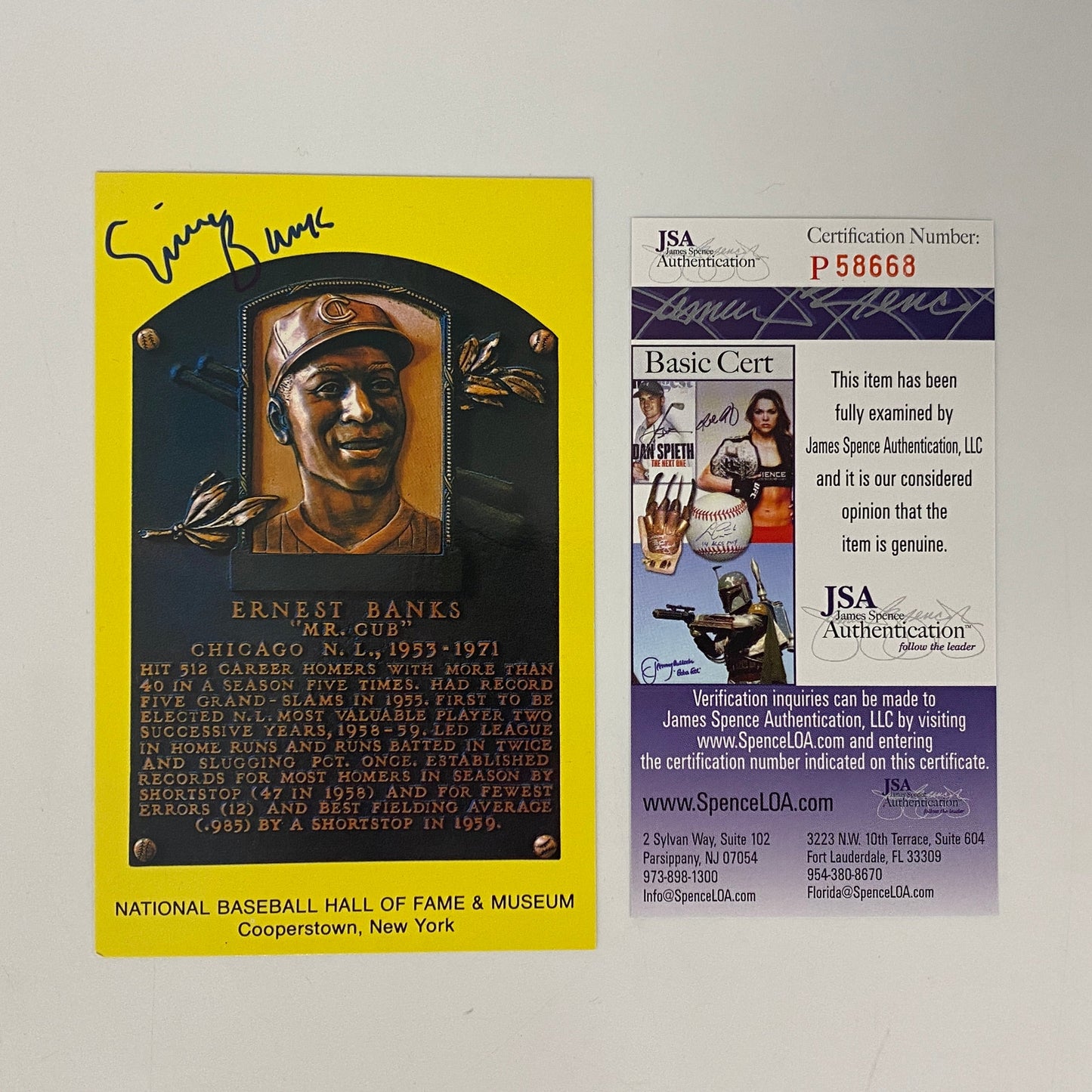 Autographed/Signed Ernie Banks HOF Hall Of Fame Baseball Plaque Postcard JSA COA