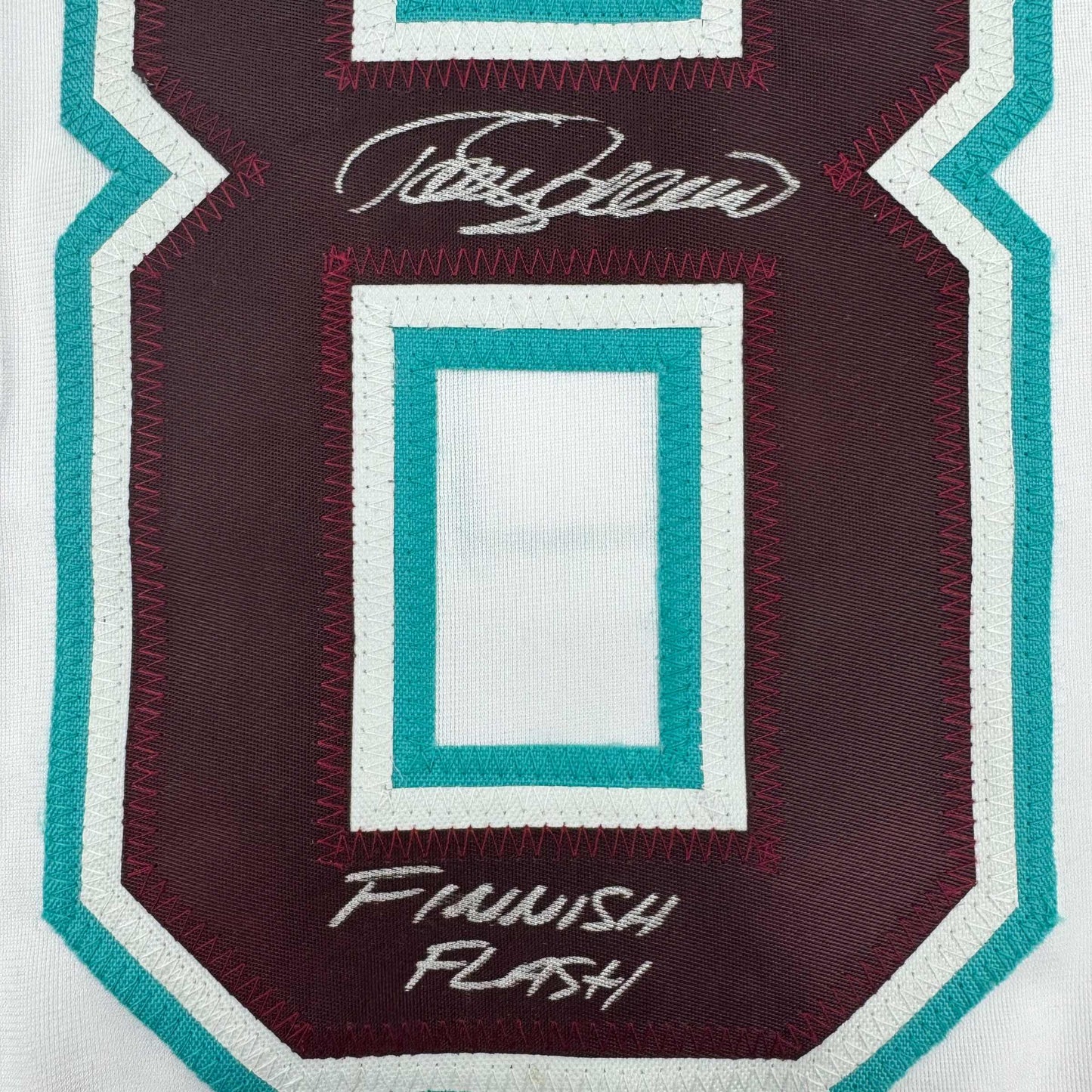 Framed Autographed/Signed Teemu Selanne Finnish Flash 35x39 Anaheim White Retro Hockey Jersey JSA COA