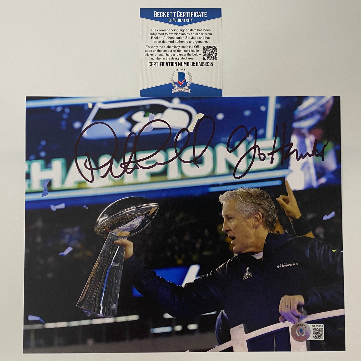 Autographed/Signed Pete Carroll Seattle Seahawks 8x10 Football Photo Beckett BAS COA