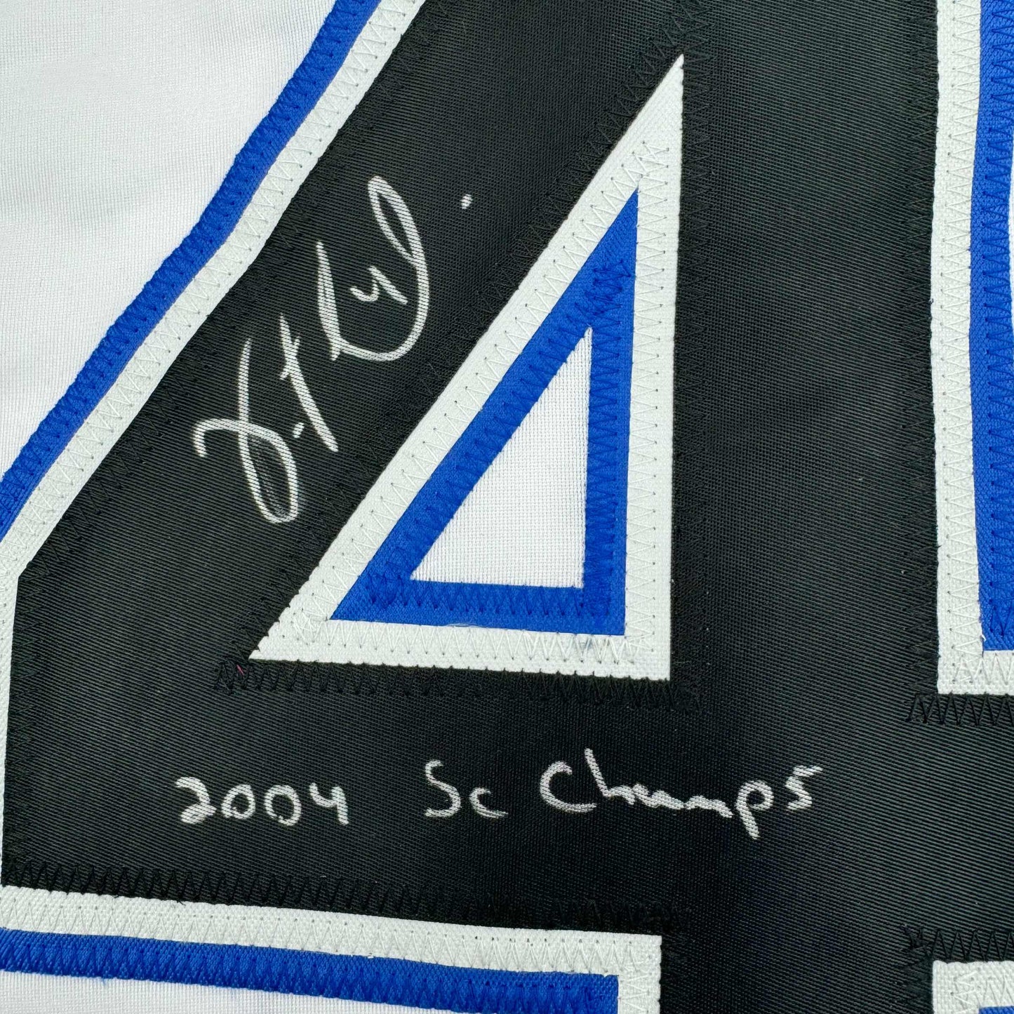 Framed Autographed/Signed Vincent Lecavalier 2004 SC Champs 35x39 Tampa Bay White Hockey Jersey JSA COA