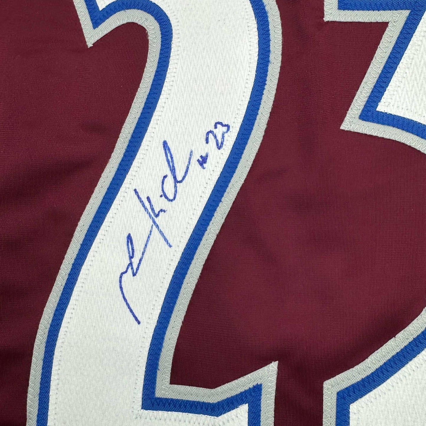 Framed Autographed/Signed Milan Hejduk 35x39 Colorado Maroon Hockey Jersey JSA COA