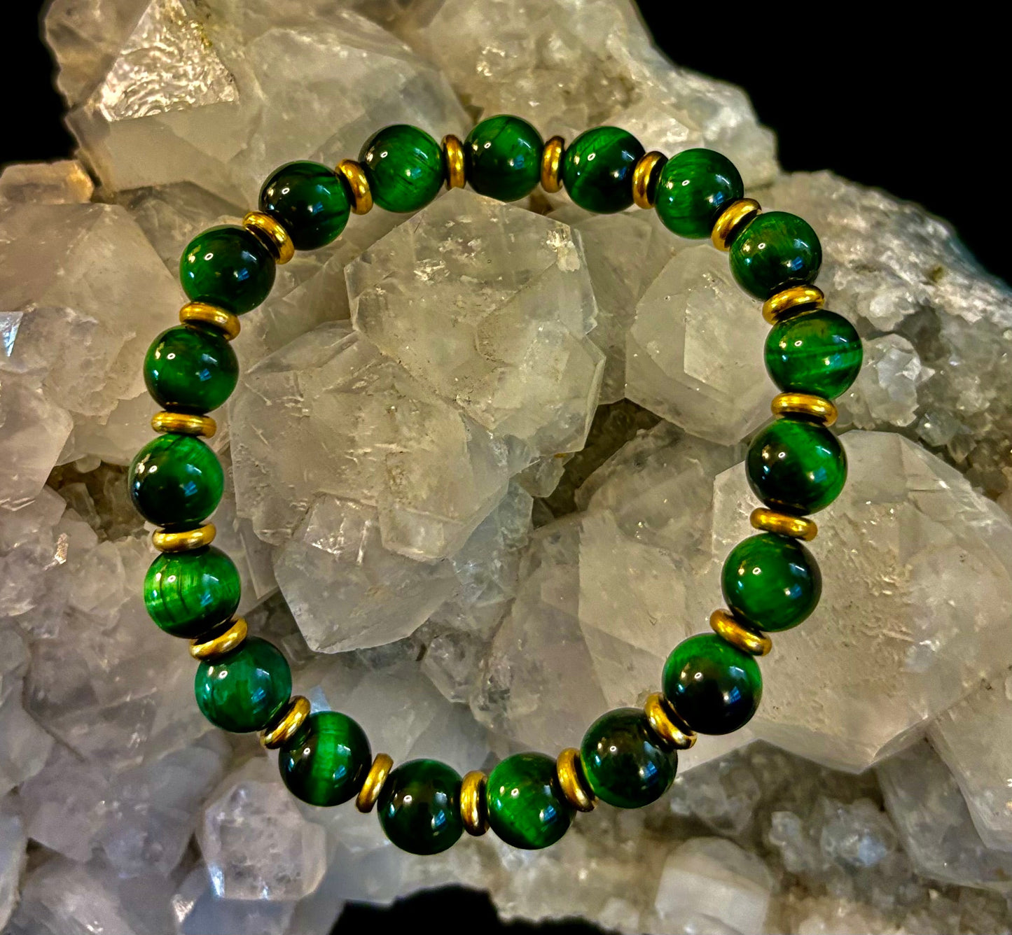 Green Tiger Eye Wealth & Confidence Bracelet – 8mm Beads with Gold Accents (Medium Wrists)