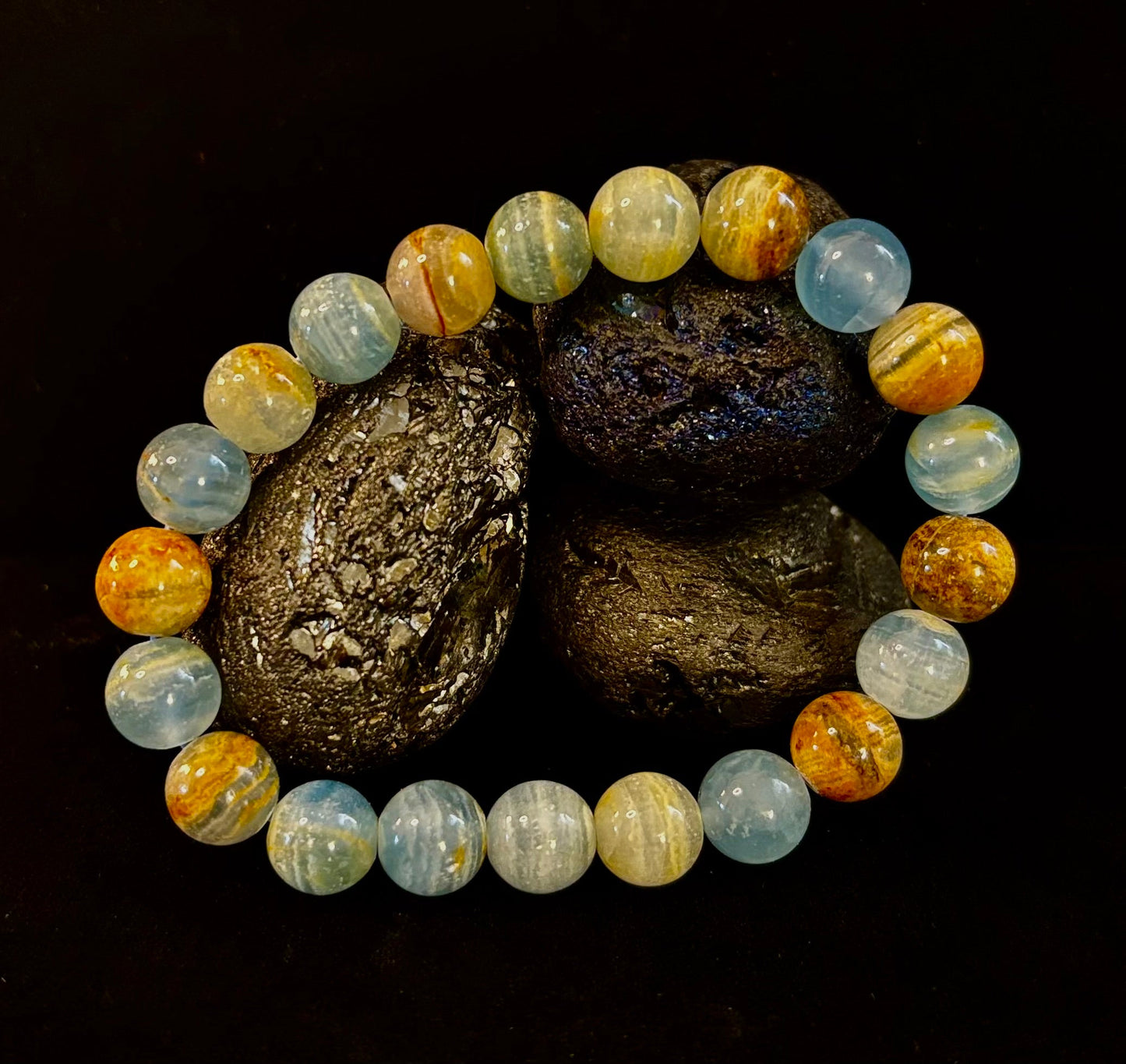 Aquatine Lemurian Calcite Bracelet – 8mm and 10mm Beads (Medium Wrists)