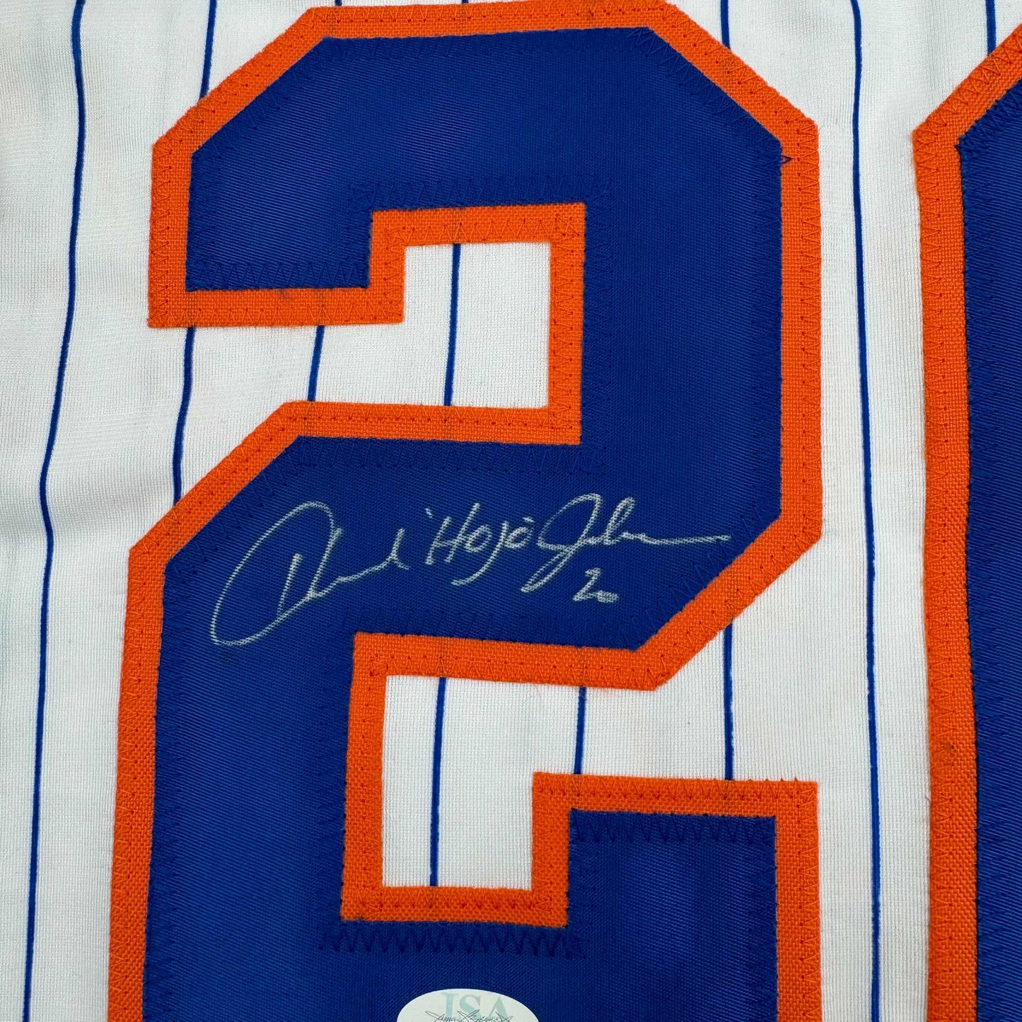 Framed Autographed/Signed Howard Johnson HOJO 35x39 New York Pinstripe Baseball Jersey JSA COA