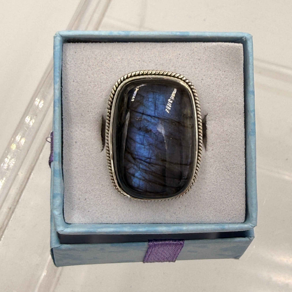 Sterling Silver Bezeled Rectangular Spectrolite Ring - Size 10 - Intuition, Protection & Illumination