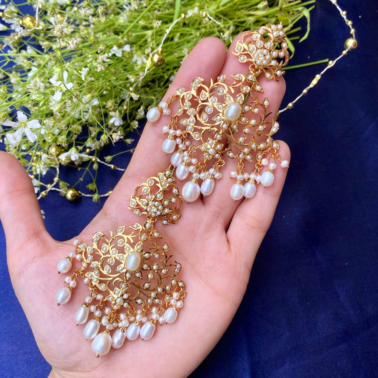 Pearl Jadau Dangler Earrings in Gold Plated Silver